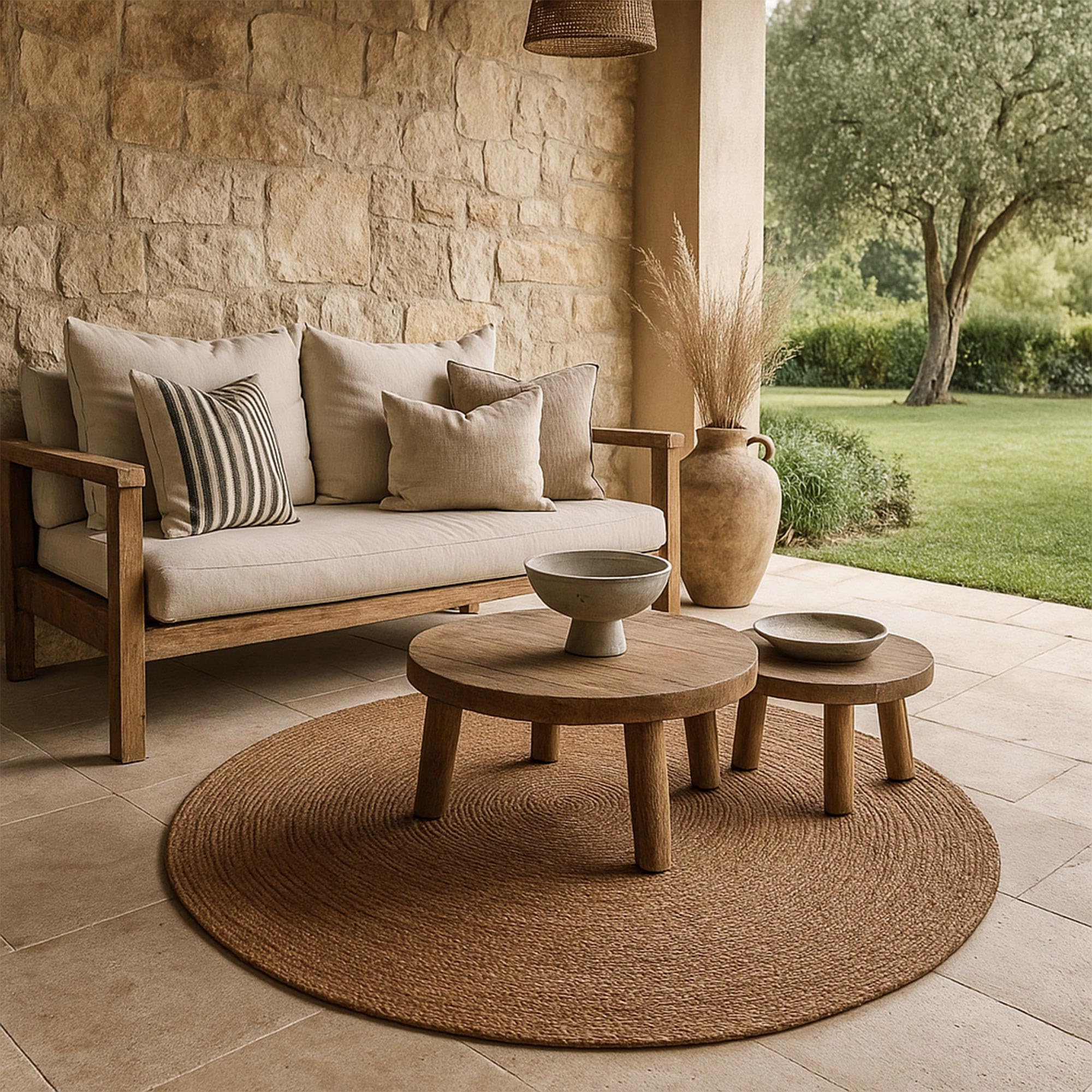 HAMID Tapis Nansa Intérieur/Extérieur en Pet Recyclé – Lavable et Imperméable – Écologique & Durable – Idéal pour Terrasse, Jardin ou Salon (120x120cm, Marron)