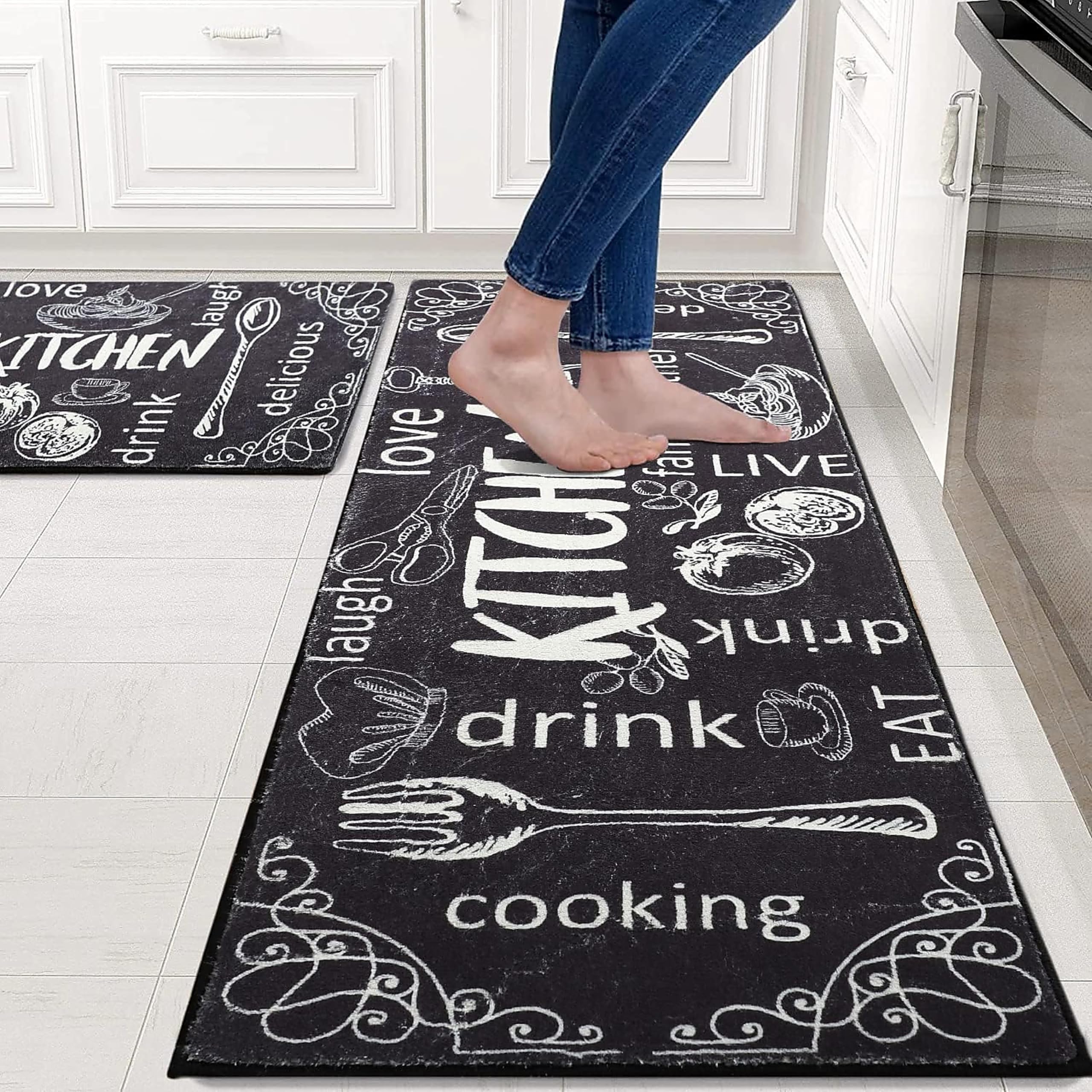 Adalex Global 40 by 60cm and 40 by 120cm Kitchen Rug Mat Set of 2 Kitchen Mats Non Slip Washable Large Non Slip Kitchen Runners, Indoor Floor Mats, Kitchen Carpets, Carpet Runners (Monochrome)