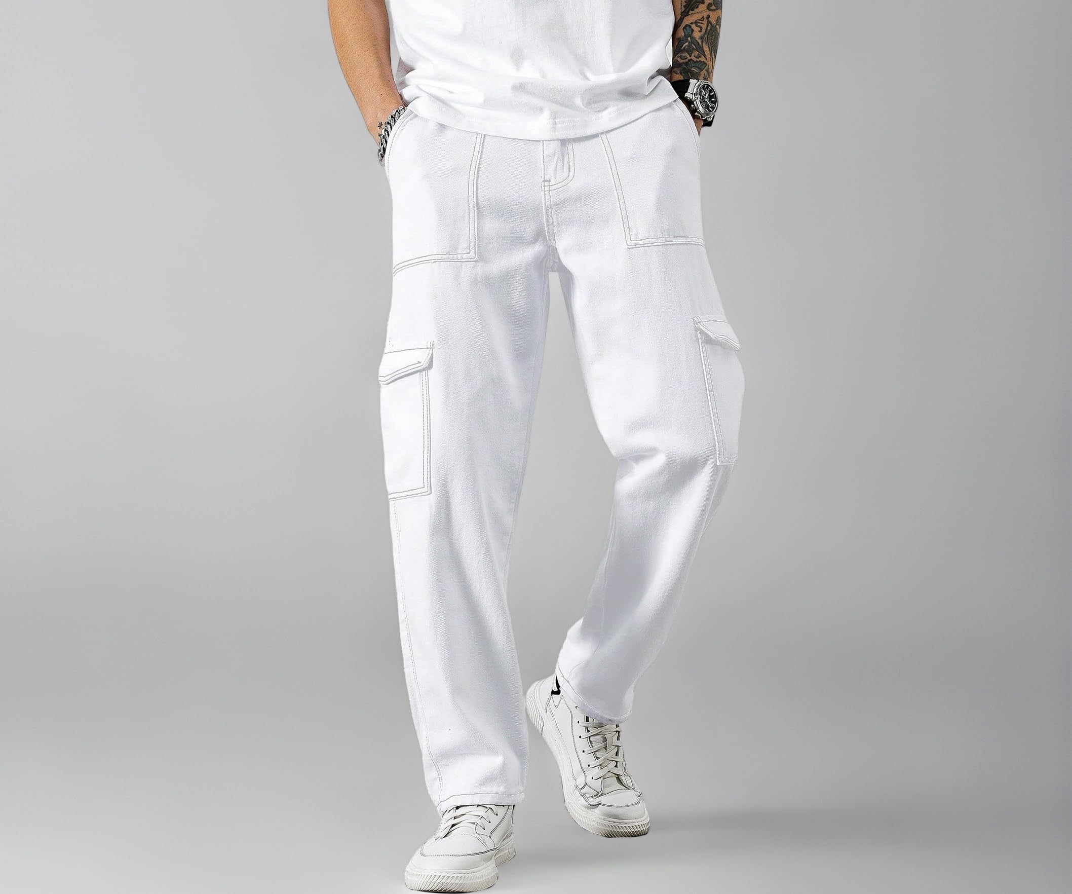 AVANOVA Bell-Bottom Men Cargo Jeans II Men Cargo Pants II Denim Cargo for Men II Cotton Pant II Wide Legs II Flap Pockets II Cargo for Men (Jeans-119)