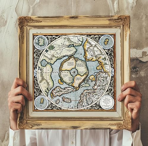 Miniatura 10 de Mercator1595 Mapa icónico de las regiones del polo norte, impresión de tierra plana, póster de arte para pared, aspecto antiguo antiguo antiguo,