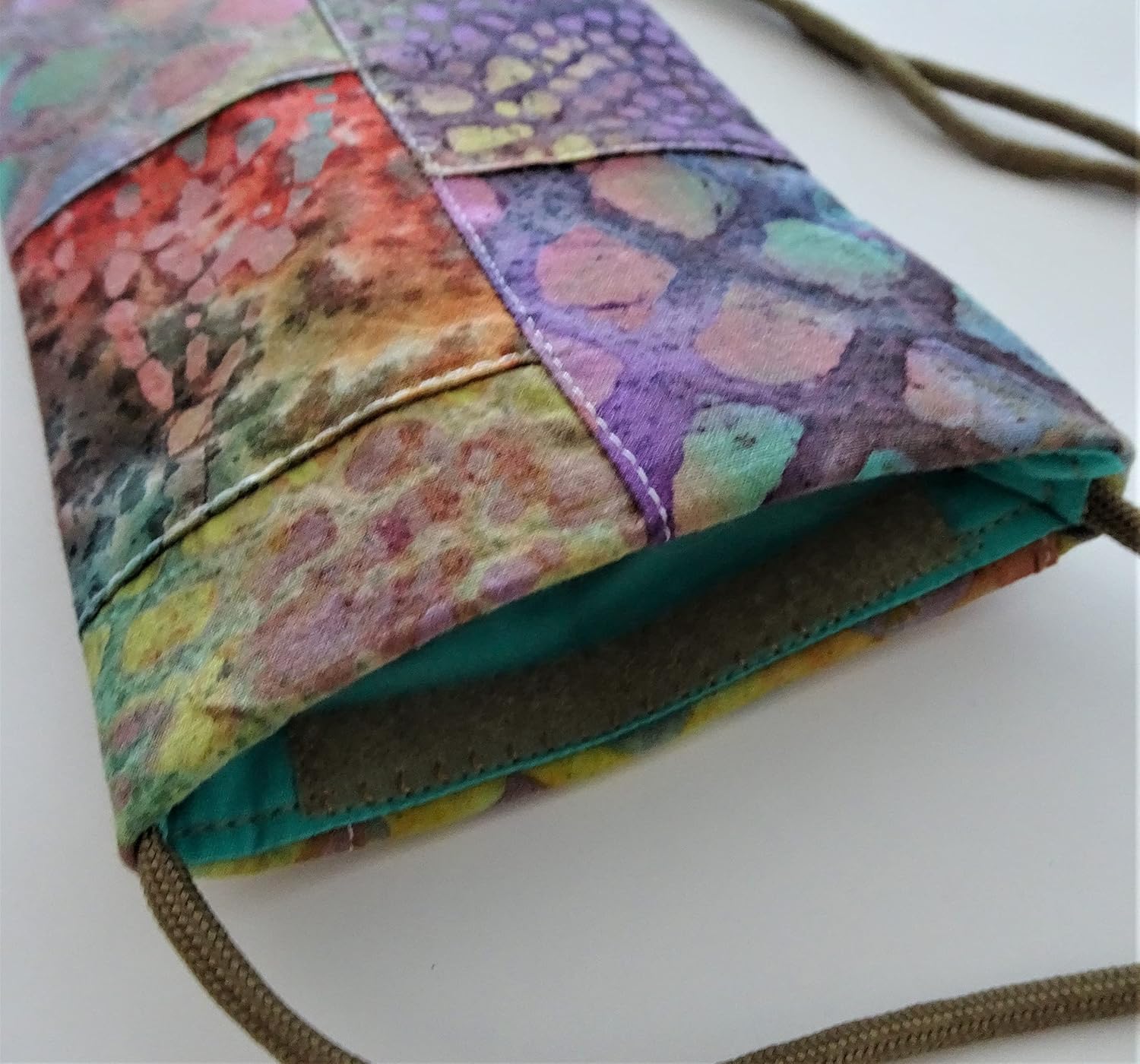 Batik Patchwork Fabric Cell Phone Pouch, Strapped Minimal Boho Purse for Essentials