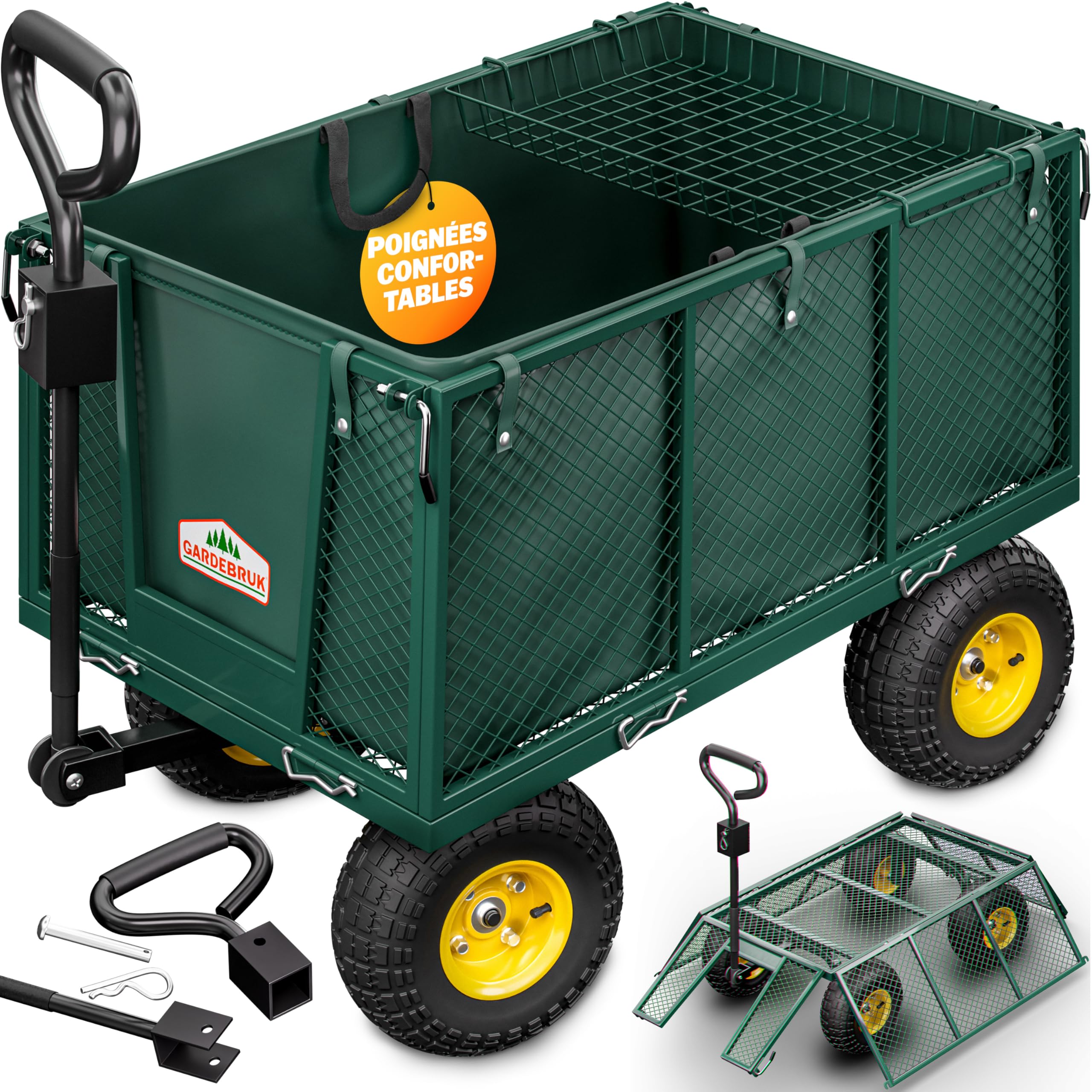 GARDEBRUK® Chariot à roulettes Pliable 550kg Robuste bâche Amovible Chariot de Plage Chariot de Transport brouette Chariot Jardin remorque