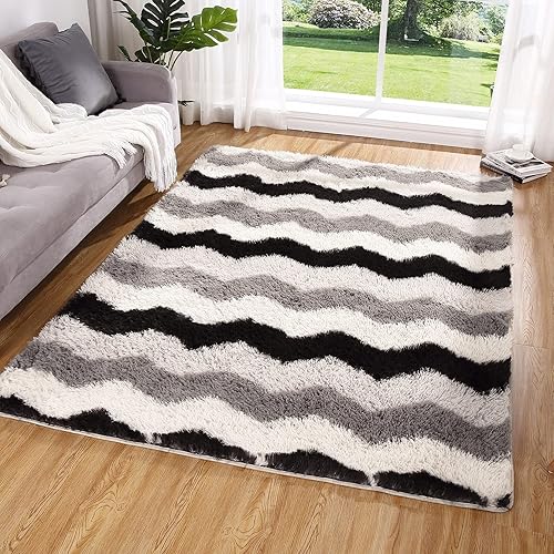 Alfombra esponjosa de 5 x 7 pies, alfombra geométrica peluda antideslizante, moderna para interiores, para sala de estar, dormitorio de niños,