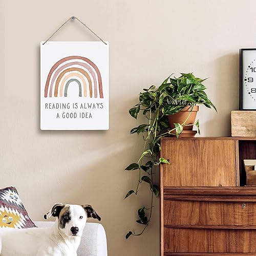 Miniatura 2 de FUGWN Letreros de madera de arcoíris con texto en inglés Boho Reading is Always a Good Idea de 8 x 10 pulgadas, para colgar en la pared, letreros de