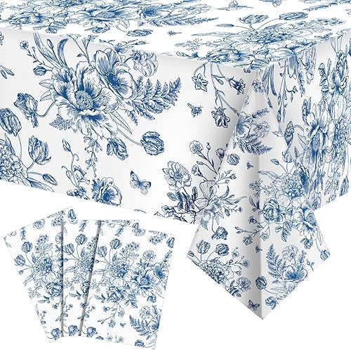 Miniatura 10 de Tiamon 6 manteles de plástico florales azules de 54 x 108 pulgadas, manteles rectangulares vintage desechables con flores azules azul marino y