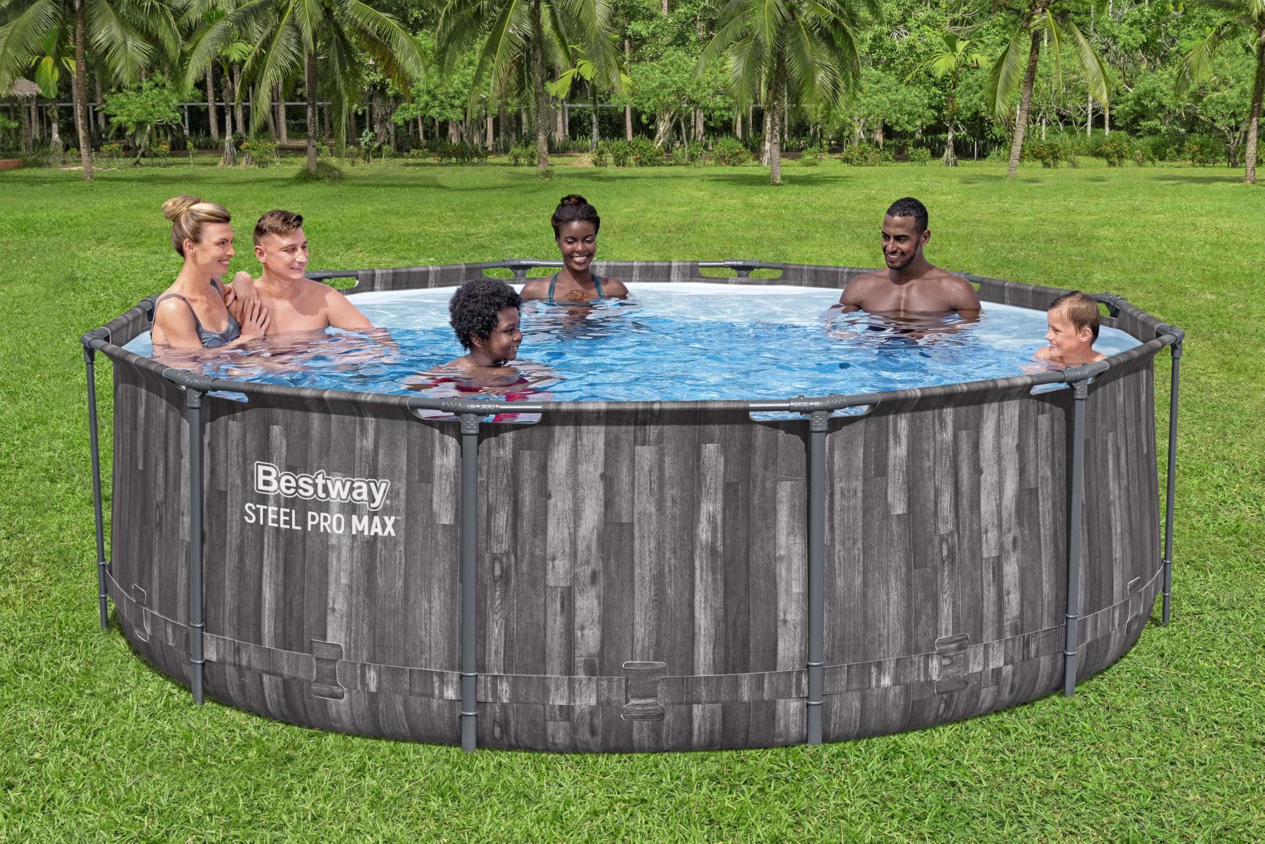 Bestway Aufstellpool rund 366x100 cm Set mit Filterpumpe Holz-Optik 9150 L TriTech-Material
