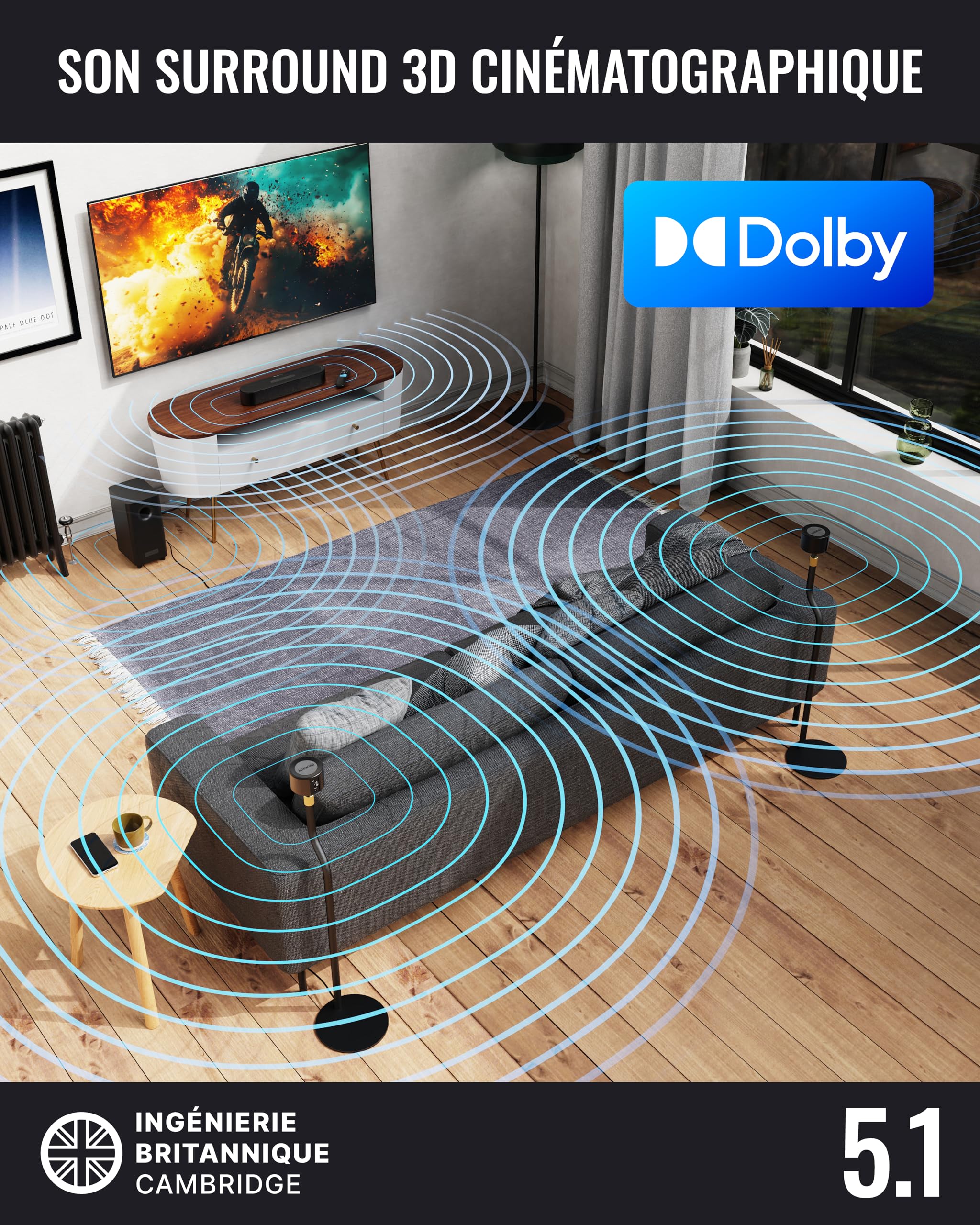 Majority Bowfell Halo Barre de Son TV | 230W Dolby Audio Home Cinema Enceinte TV | 5.1 Enceintes pour Téléviseur avec HDMI eARC | Soundbar Caisson de Basse Filaire | Mini Barre de Son PC Bluetooth
