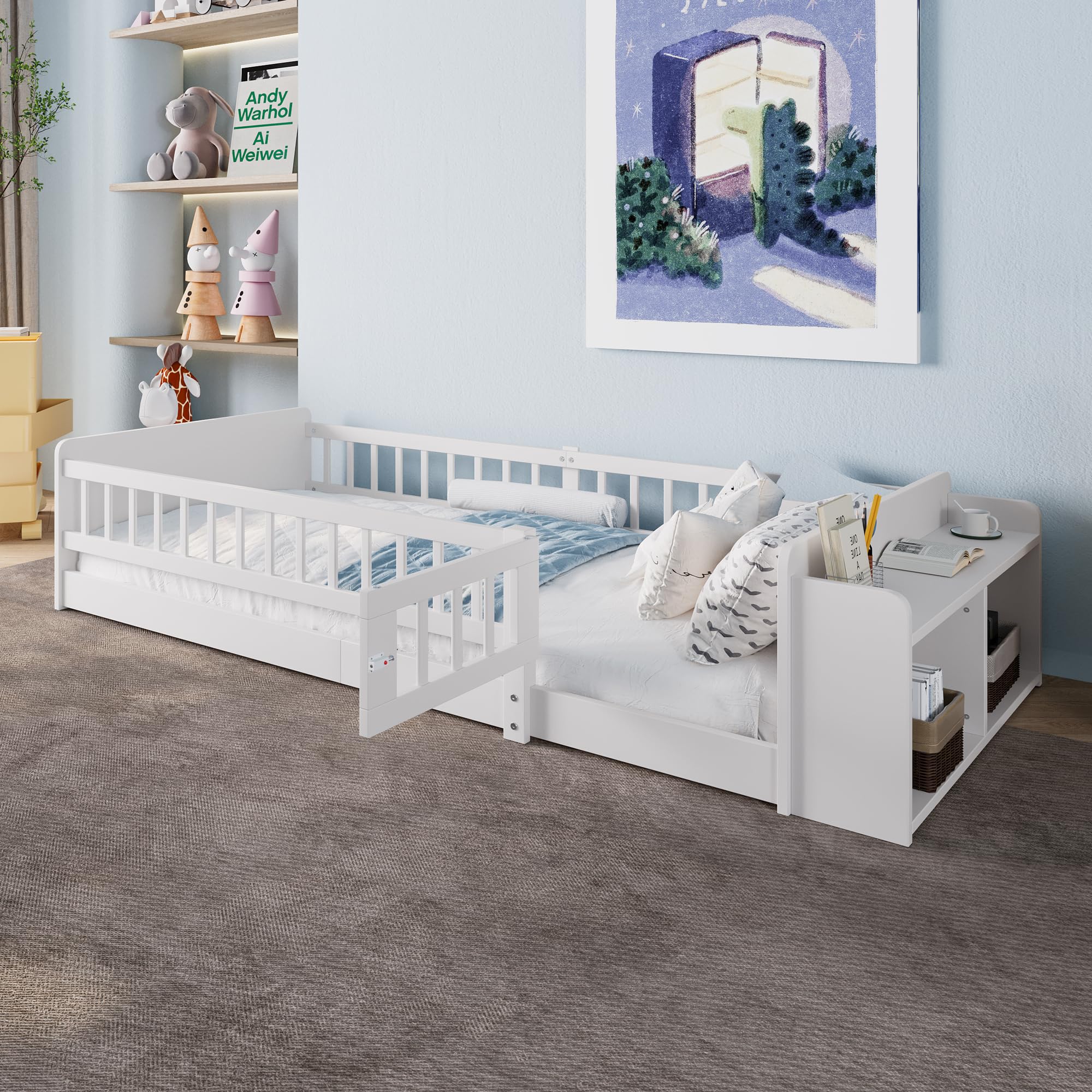 Kinderbett 90 x 200, Kinderbettgestell aus Massivholz mit Stauraum, Vollschutzgitter und Türen und Lattenrost, Holzbett mit Einlegeböden, Rausfallschutz, Kinder Bett, Hausbett, Ohne Matratze, Weiß