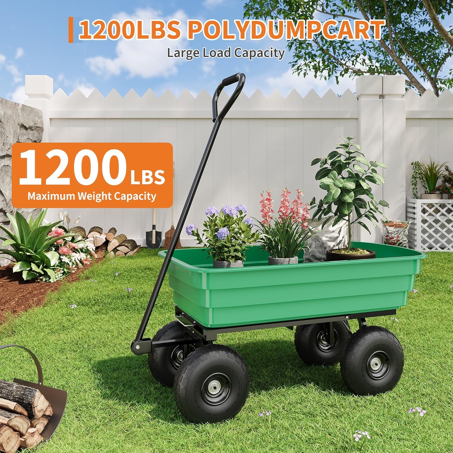 Garden Dump Cart, 1200LBS Heavy Duty Garden Wagon with 180° Adjustable Handle & 10 in Tires, Quick-Release Dumping, Wheelbarrow Utility Wagon for Yard Work, Landscaping, Gardening