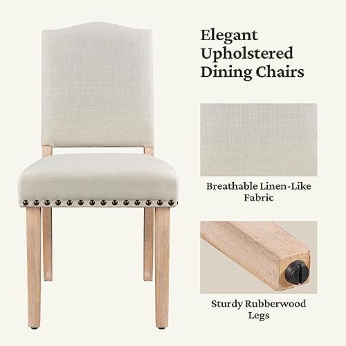 Miniatura 9 de Yaheetech Juego de 4 sillas de comedor de tela Parsons con ribete de cabeza de clavo y patas de madera maciza para el hogar, cocina, comedor, beige