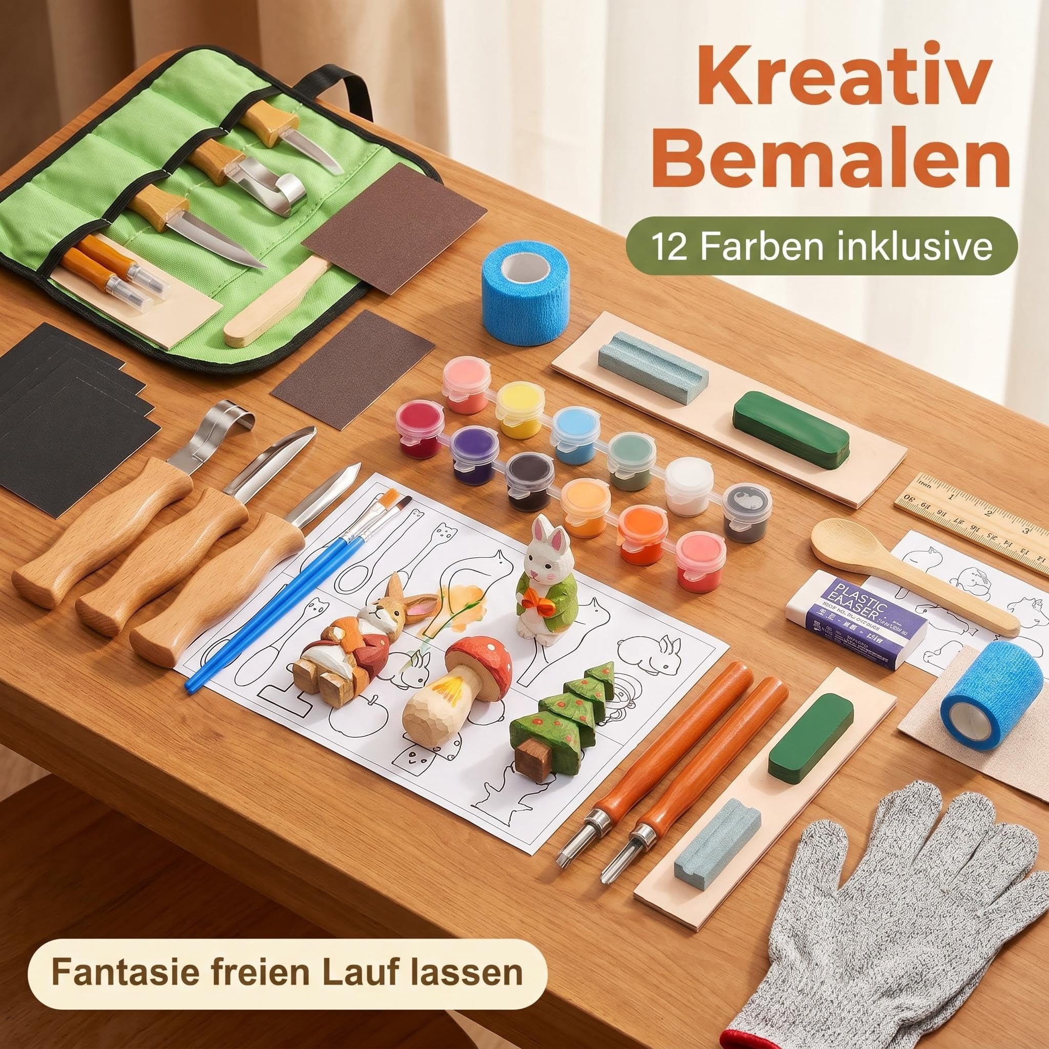 29-Teiliges Schnitzset Kinder ab 8 Jahre – Holzschnitzwerkzeug Set mit 5 Schnitzmessern | Komplettes Schnitzmesser Kinder ab 8 Set inkl. Schnittschutz Stufe 5, Holz, Malset & Geschenkbox
