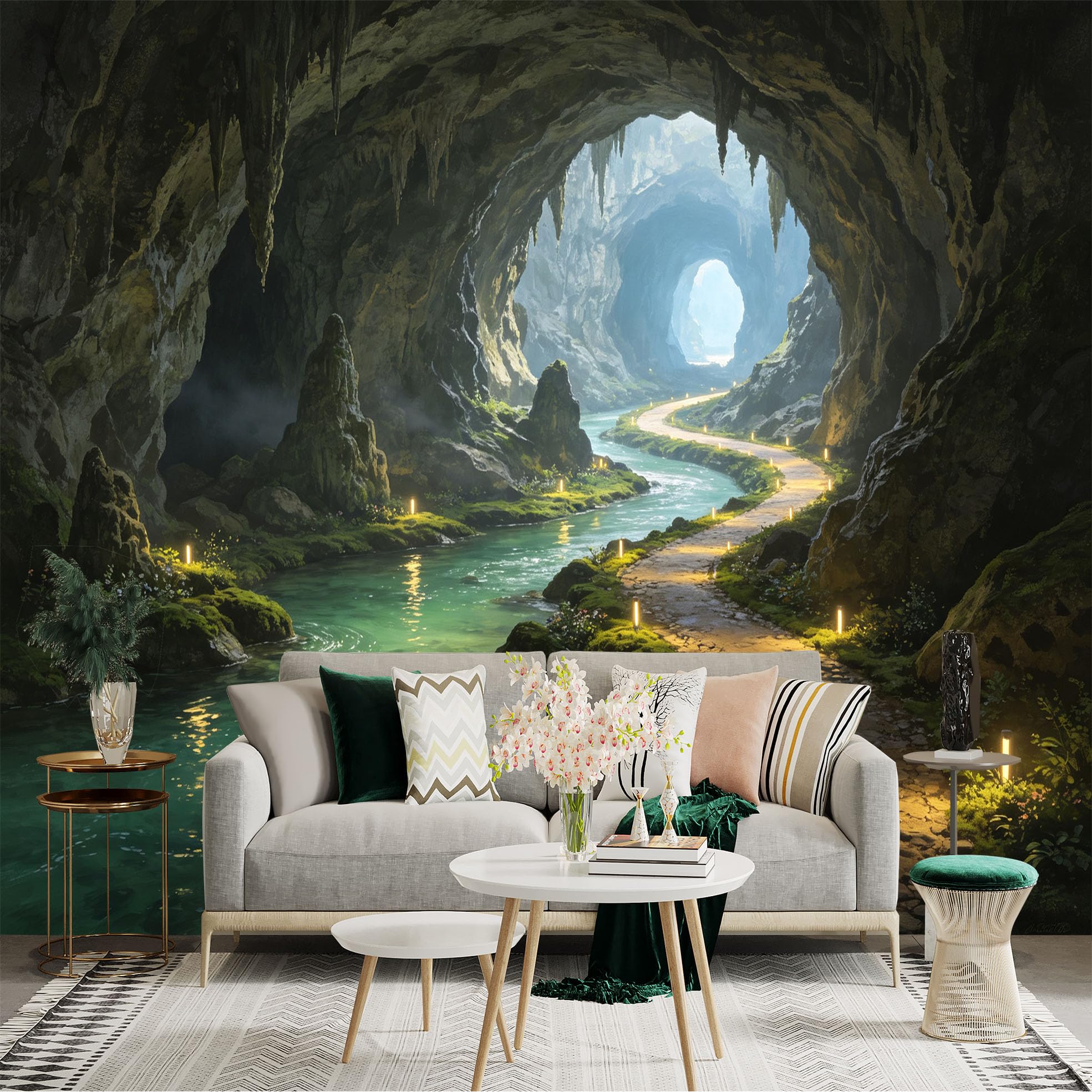 Custom Size Wall Sticker Mural， Mysterious Limestone Cave with Underground River， Glowing Lanterns on Stone Path， for wall Decoration， peelandstick wall Decals.