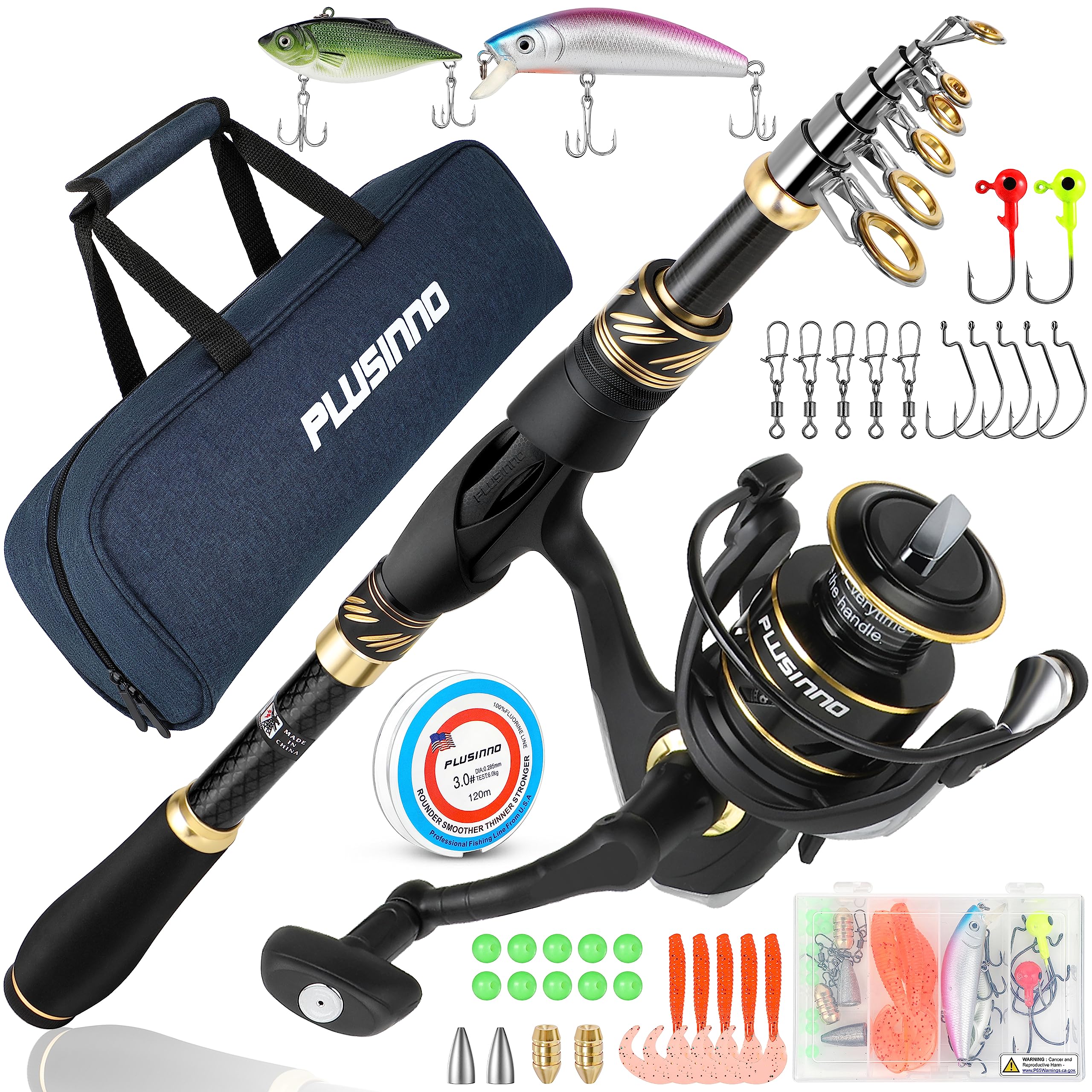 PLUSINNO Fishing Rod and Reel Combos Carbon Fiber Telescopic Fishing Pole with Spinning Reels Sea Saltwater Freshwater Kit Fishing Rod Kit