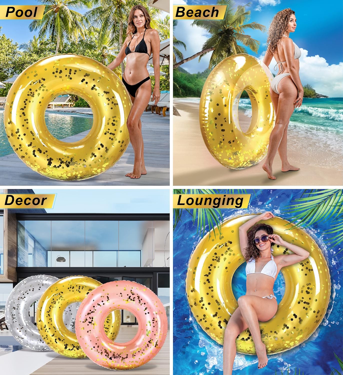 POZA Inflatable Pool Float Tube – Sparkly Confetti Swim Ring, Heavy Duty UV Resistant Inflatable Tube Pool Float for Kids & Adults – Multiple Colors & Sizes – Beach, Lake & Pool Party Float image 3