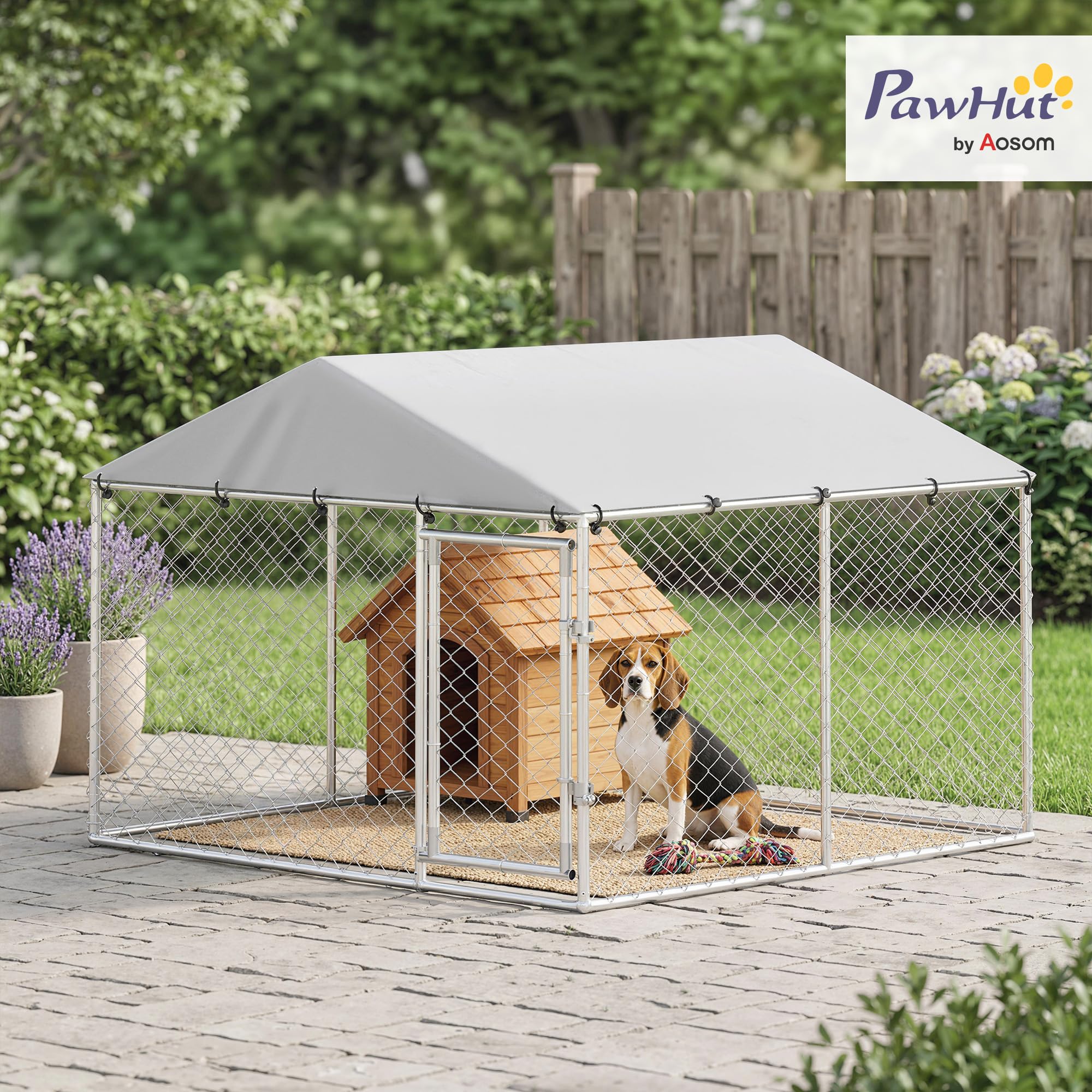 PawHut Kennel Gabbia per Cani da Esterno Grande, Box Recinto per Cani con Tetto Anti-UV Impermeabile Rimovibile, Porta Reversibile, Doppia Chiusura Antifuga, in Acciaio Zincato, 230x230x170cm, Argento