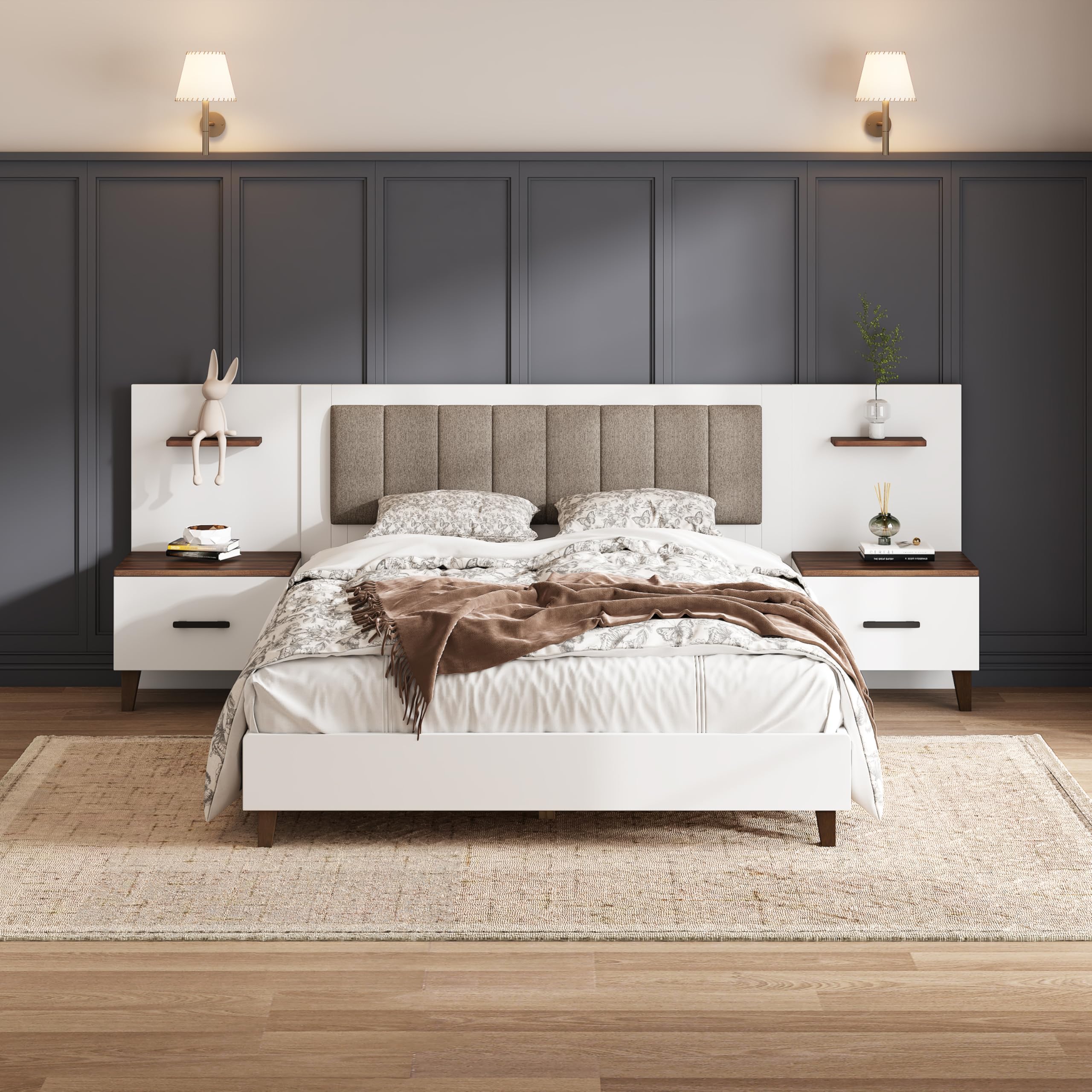 Queen Size Bed Frame with 2 Nightstands and 2 Floating Shelves, Contemporary Platform Bed with Brown Polyester Upholstered Headboard, Middle Legs Support, No Box Spring Needed