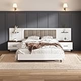 Merax Queen Size Bed Frame with 2 Nightstands and 2 Floating Storage Shelves, Contemporary Platform Bed Frame Queen Size with Upholstered Headboard, No Box Spring Needed