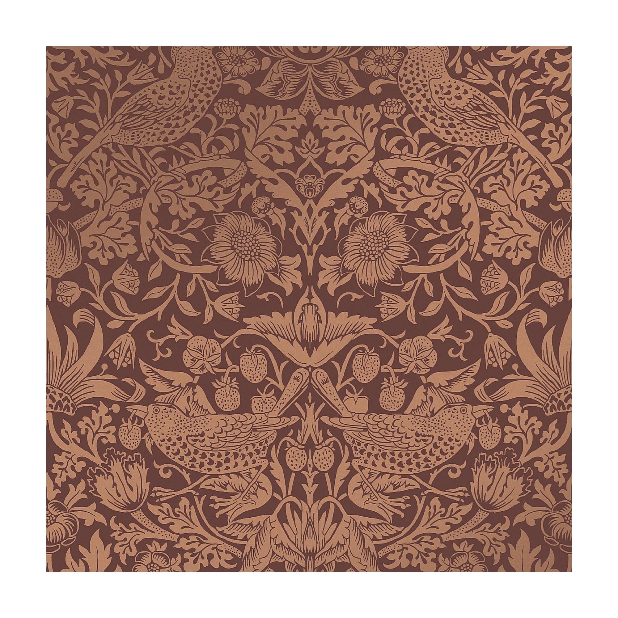 William Morris At Home Strawberry Thief Fibrous Burgundy Wallpaper