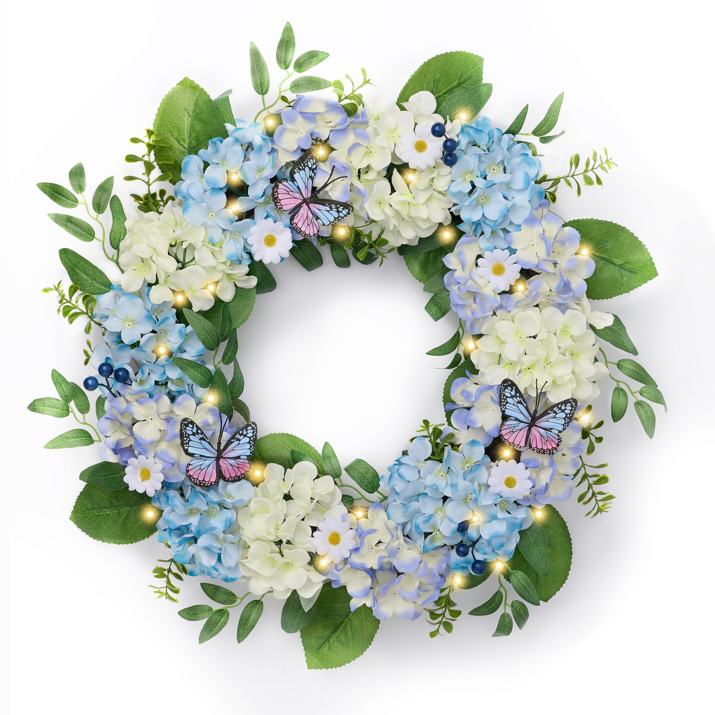 Valery Madelyn Pre-Lit Spring Hydrangea Wreath for Front Door with Lights, 24 Inch Lighted Summer Wreath with Butterfly for Kitchen Outdoor Indoor Home Window Wall Table Centerpiece Wedding Decoration
