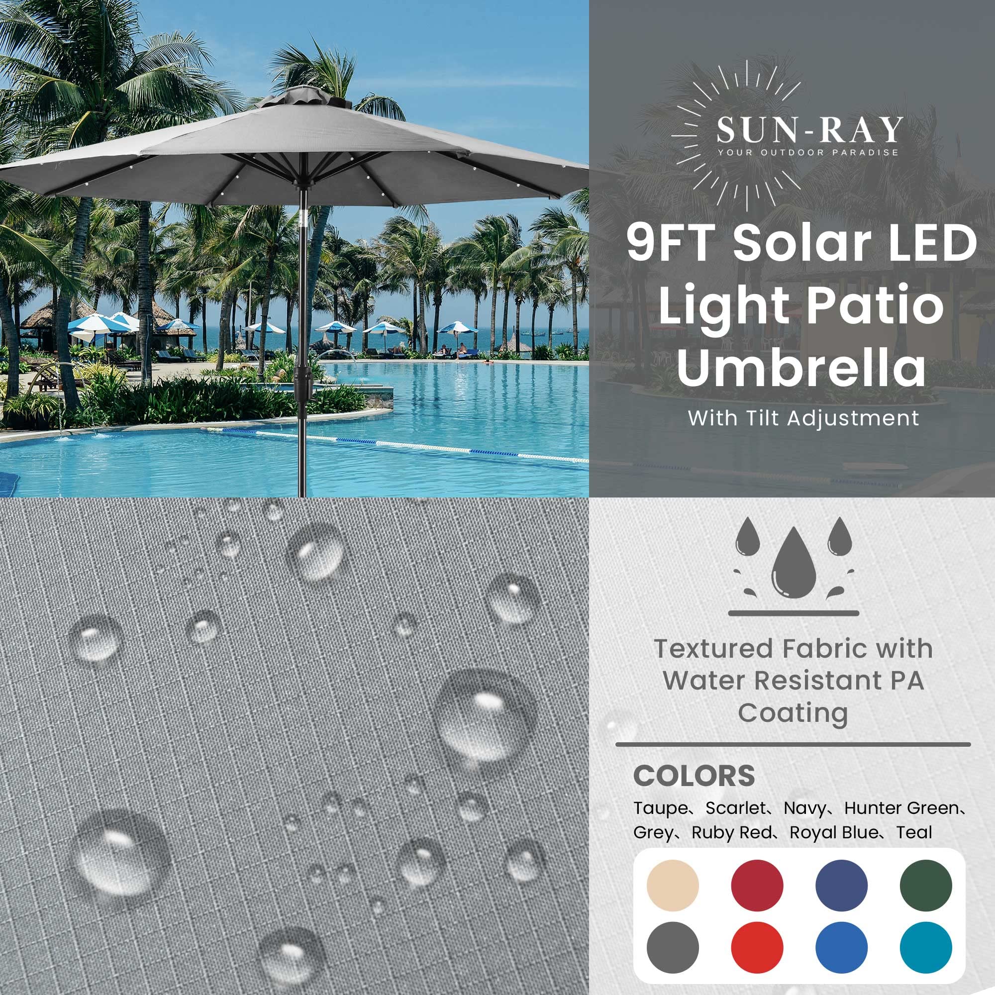 Amazon.com: Sun-Ray 811022G 9' Round 8-Rib Solar Lighted Outdoor Patio  Umbrella, 32 LED Lights, Crank and Tilt, Aluminum Frame, for Backyard,  Deck, Pool, and Lawn, Grey : Everything Else