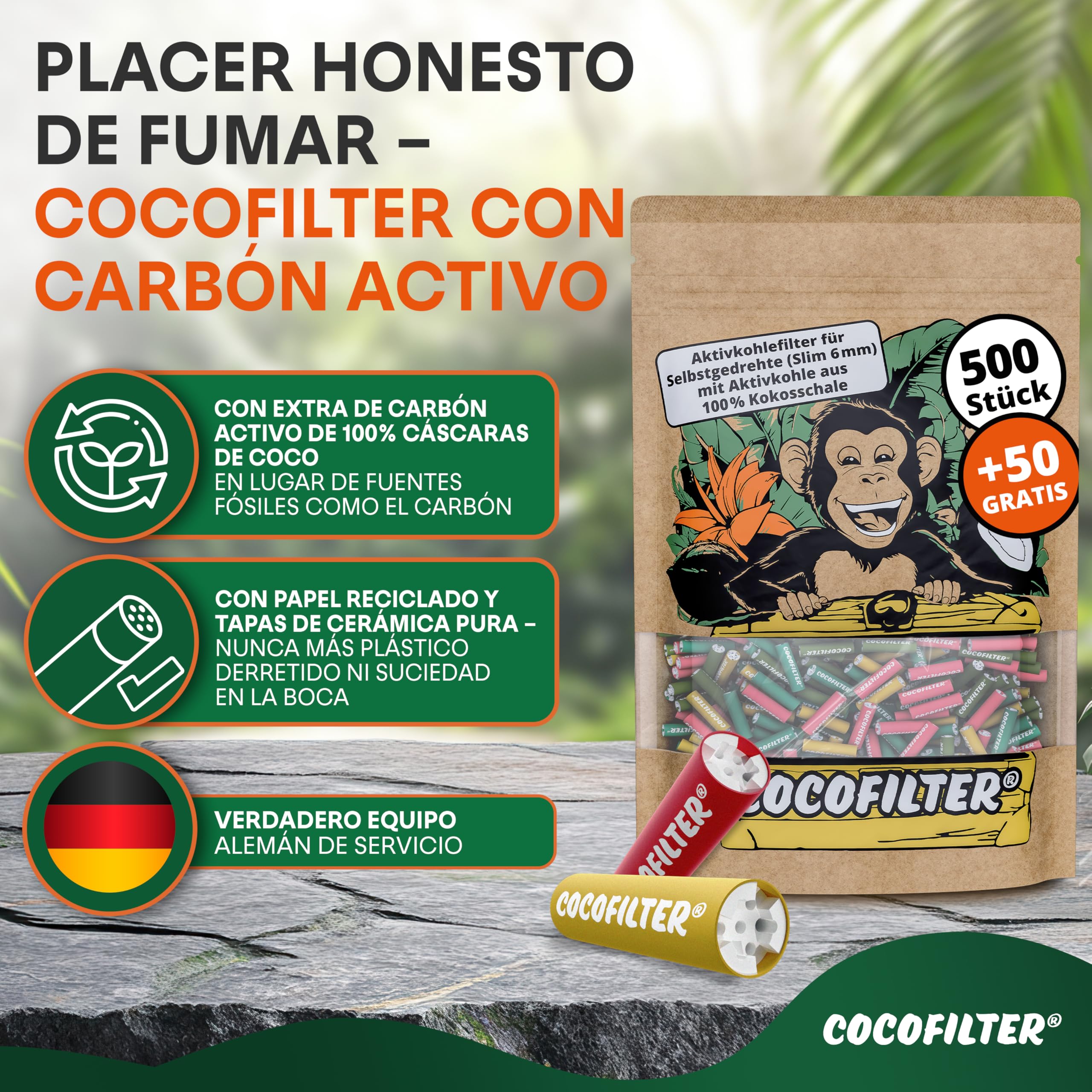 Filtros de carbón activado 6mm de cáscara de coco [550 uds.] | 500 + 50 puntas de filtro slim naturales con extremos de cerámica para cigarrillos liados a mano, 27mm, en bolsa resellable