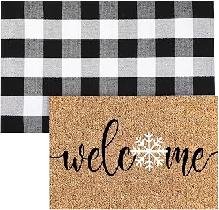 Duraaamo 2 Pcs Winter Coir Doormat Outdoor Snowflake Welcome Winter Rug Mat Layered Buffalo Plaid Snowflake Mat for Christmas Front Porch Entryway