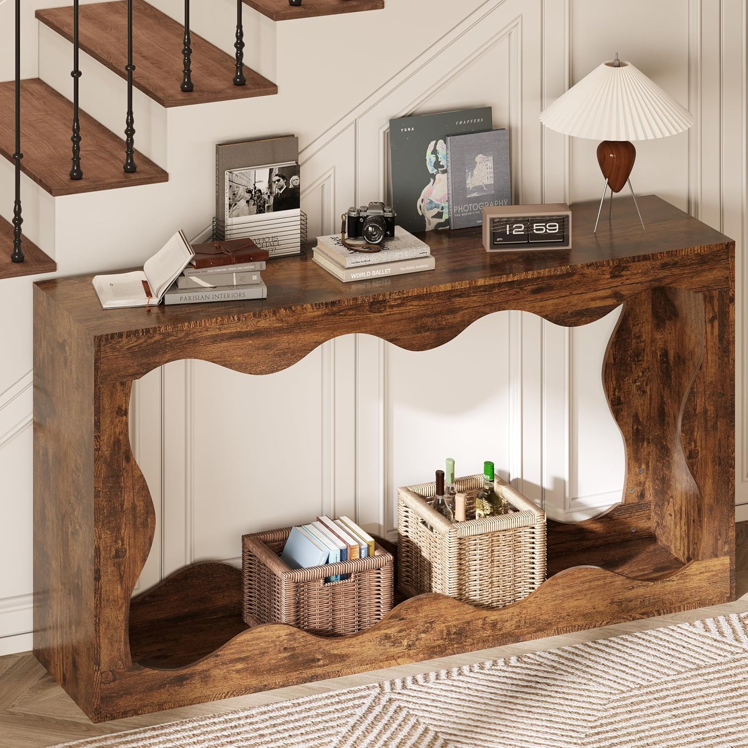 ROOMTEC Farmhouse Entryway Table, 63-Inch Long Narrow Console Table Behind The Couch, Wooden Curvilinear Sofa Table for Entrance, Hallway, Living Room (Rustic Brown)