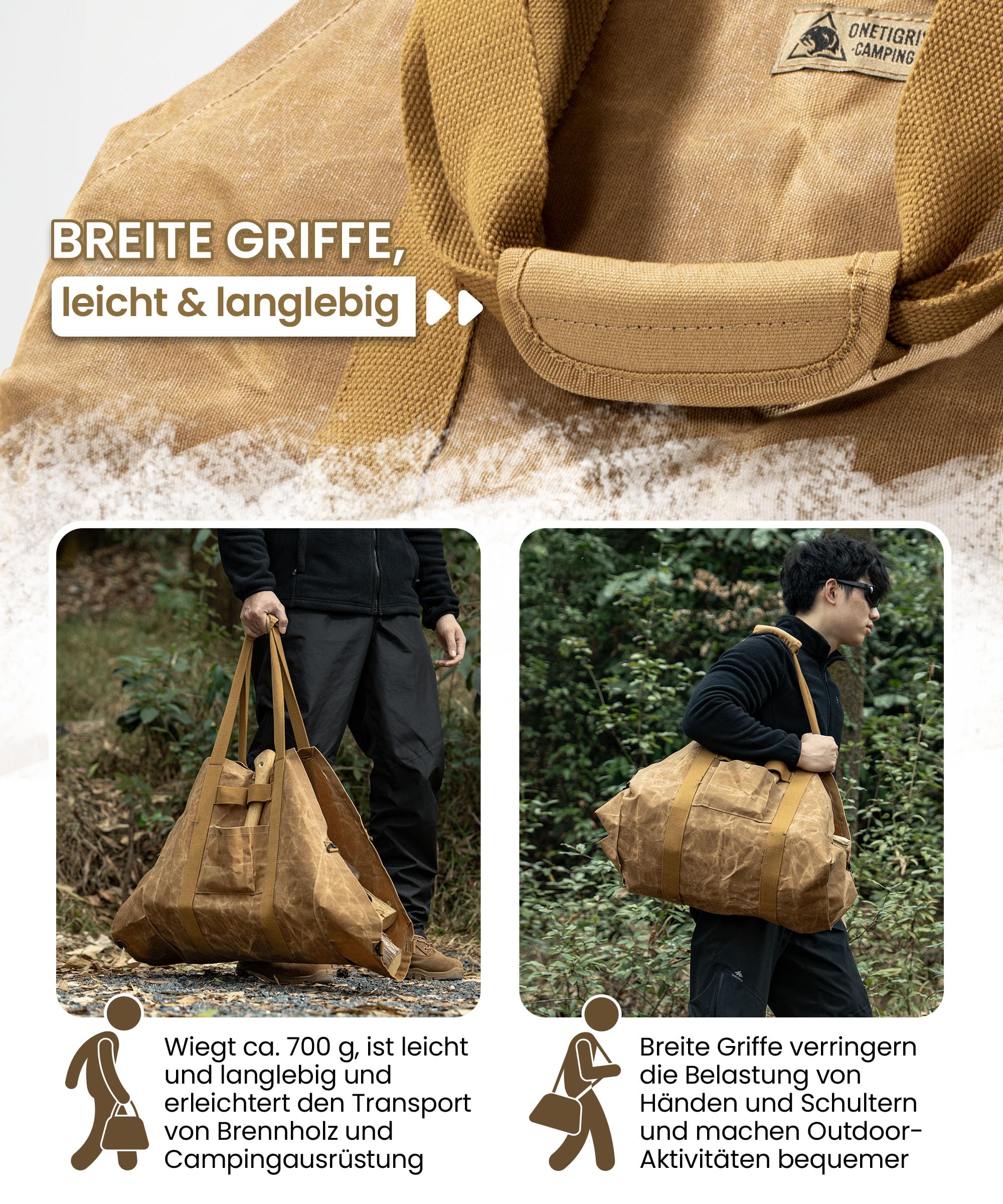 OneTigris Borsa per legna da ardere, 2 in 1, porta legna da ardere in tela cerata, impermeabile, extra grande supporto per legna da ardere con manici, cestino in legno per campeggio, barbecue e