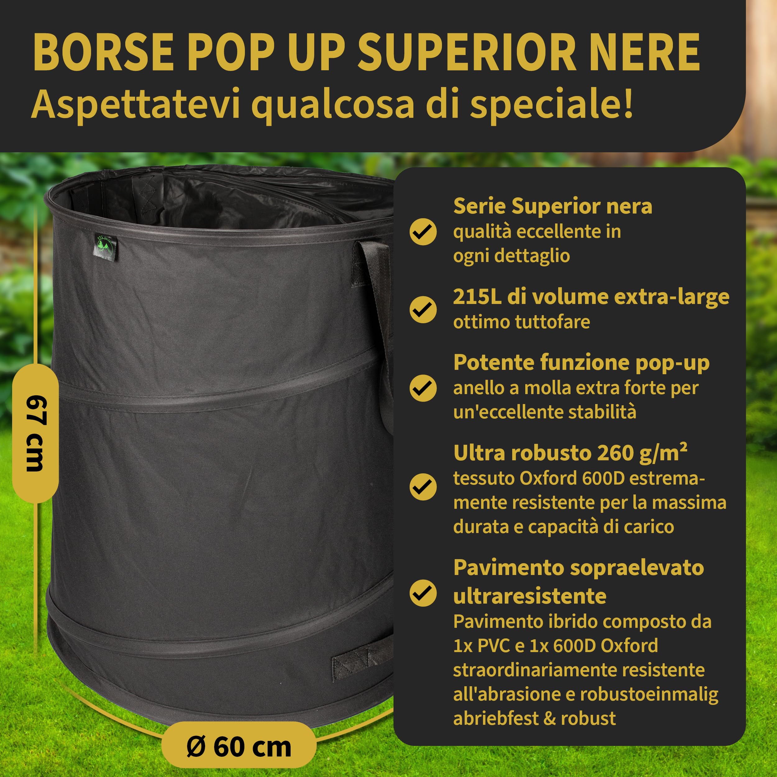 TTL Garden Black SUPERIOR 3 X 215L Pop Up Sacco da giardino – Doppio fondo 260 gsm extra stabile 600D Oxford Set di 3 sacchi per rifiuti da giardino da 215 litri pieghevole taglio verde da giardino