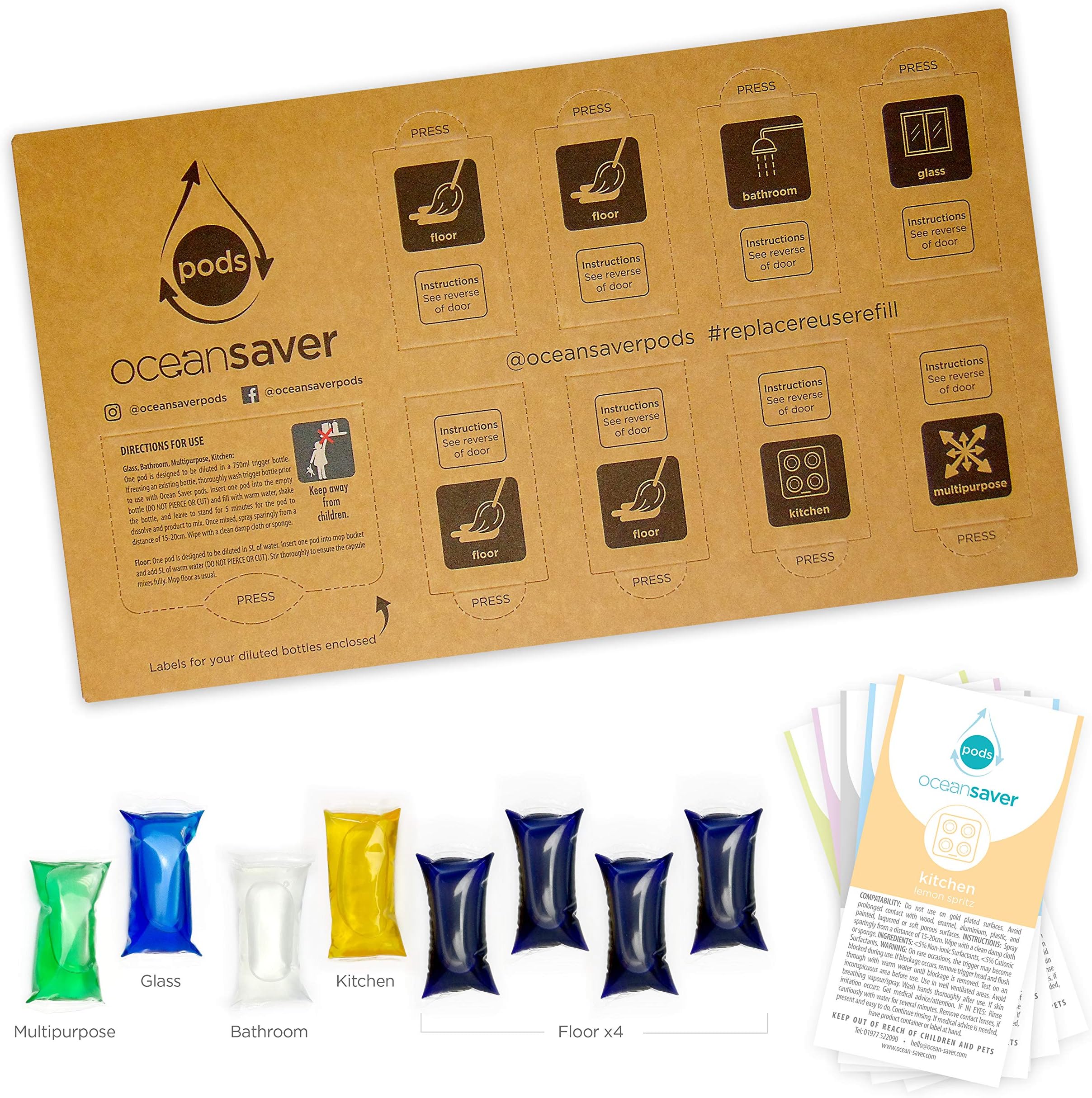 8pk PODS by Ocean Saver | Refills and Reuses 8 x 750ml Bottles of Floor Cleaner (4 PODS), Multi Purpose Cleaner, Kitchen Cleaner, Glass Cleaner and Bathroom Cleaner