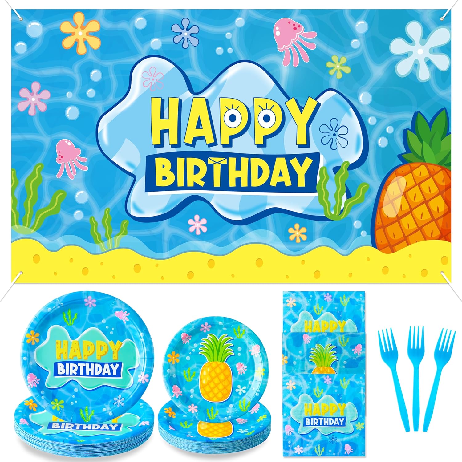 GaofanWai Ocean Pineapple Birthday Supplies - 100PCS Blue Ocean Pineapple Party Decorations Included Tableware Tablecloth Banner, Sea Jellyfish Seaweed Disposable Paper Plate Set for Kids