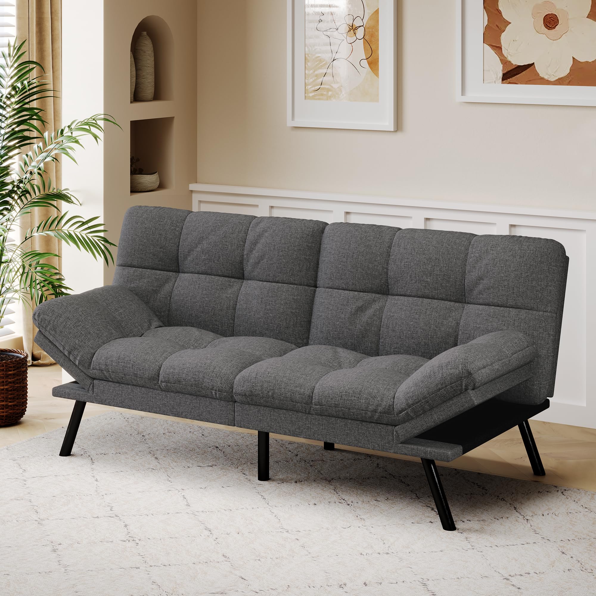 AMICLIBER Convertible Futon Sofa Bed,71" Memory Foam Futon Couch,Detachable Cushion,Adjustable Backrest & Armrest,Linen Modern Loveseat Sleeper