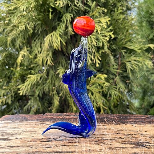 Miniatura 2 de Figura de delfín de cristal azul – Miniatura soplada a mano estilo Murano – Adorno coleccionable de delfín para estante o escritorio – Regalo