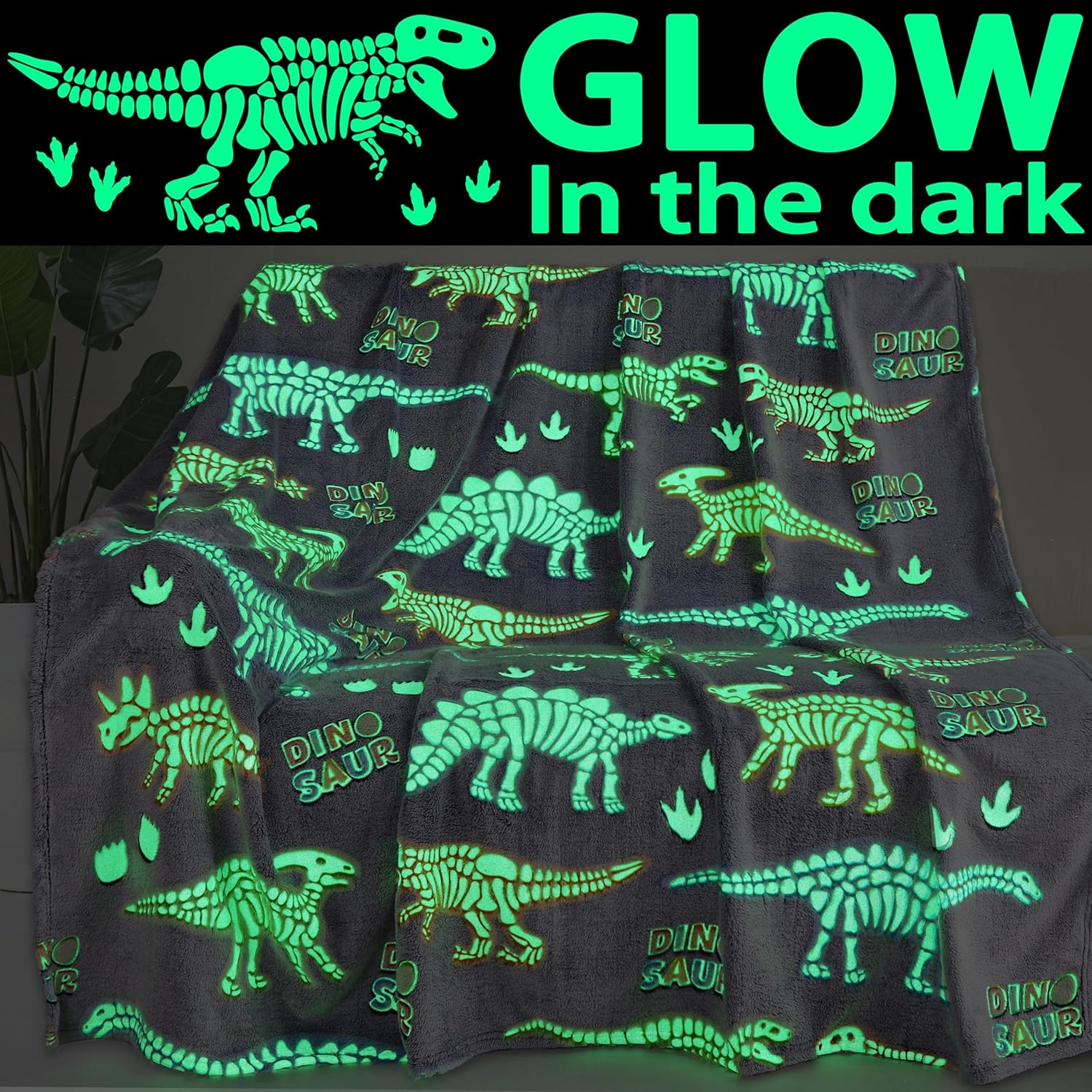 Dinosaur Blanket for Boys 60"x80" Glow in The Dark Dinosaur Throw Blanket for Boys Girls Kids,Soft Warm Cozy Cute Dino Blanket Unique Dinosaurs Toys Gifts for Age 1-16 Birthday Christmas Easter Decor