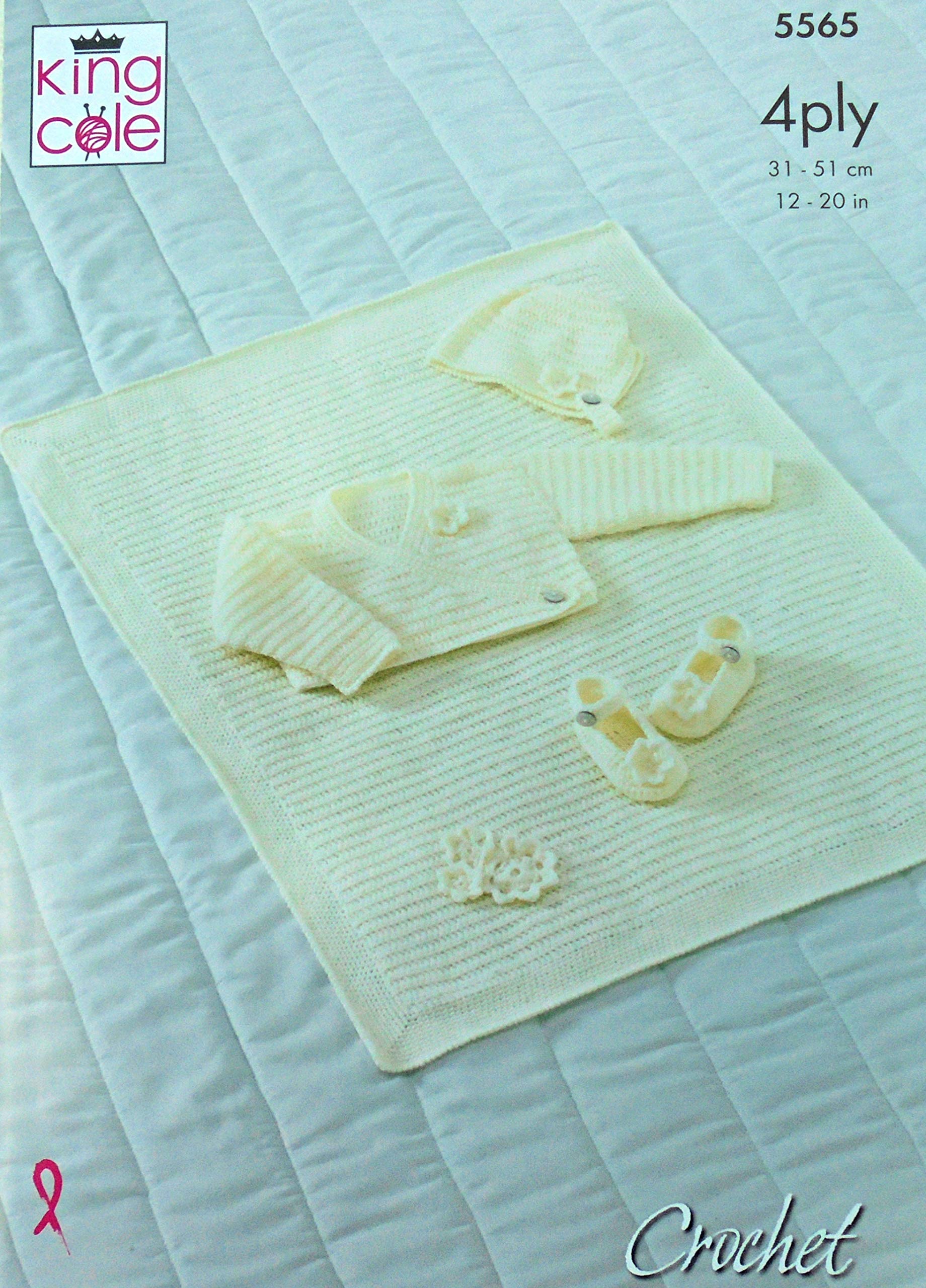 King Cole 4 Ply Crochet Pattern 5565 Ballet Cardigan, Bonnet, Shoes & Blanket