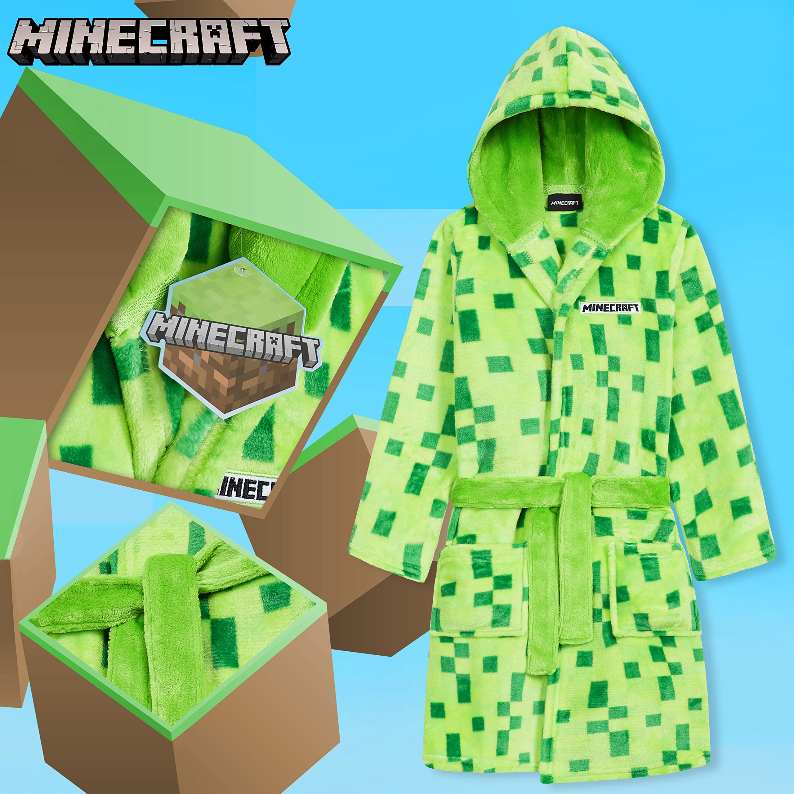 Minecraft Szlafrok dla chłopców, polarowy szlafrok z pikselami dla graczy, 5-14 lat, oficjalny towar, prezenty dla dzieci i nastolatków na urodziny i Boże Narodzenie