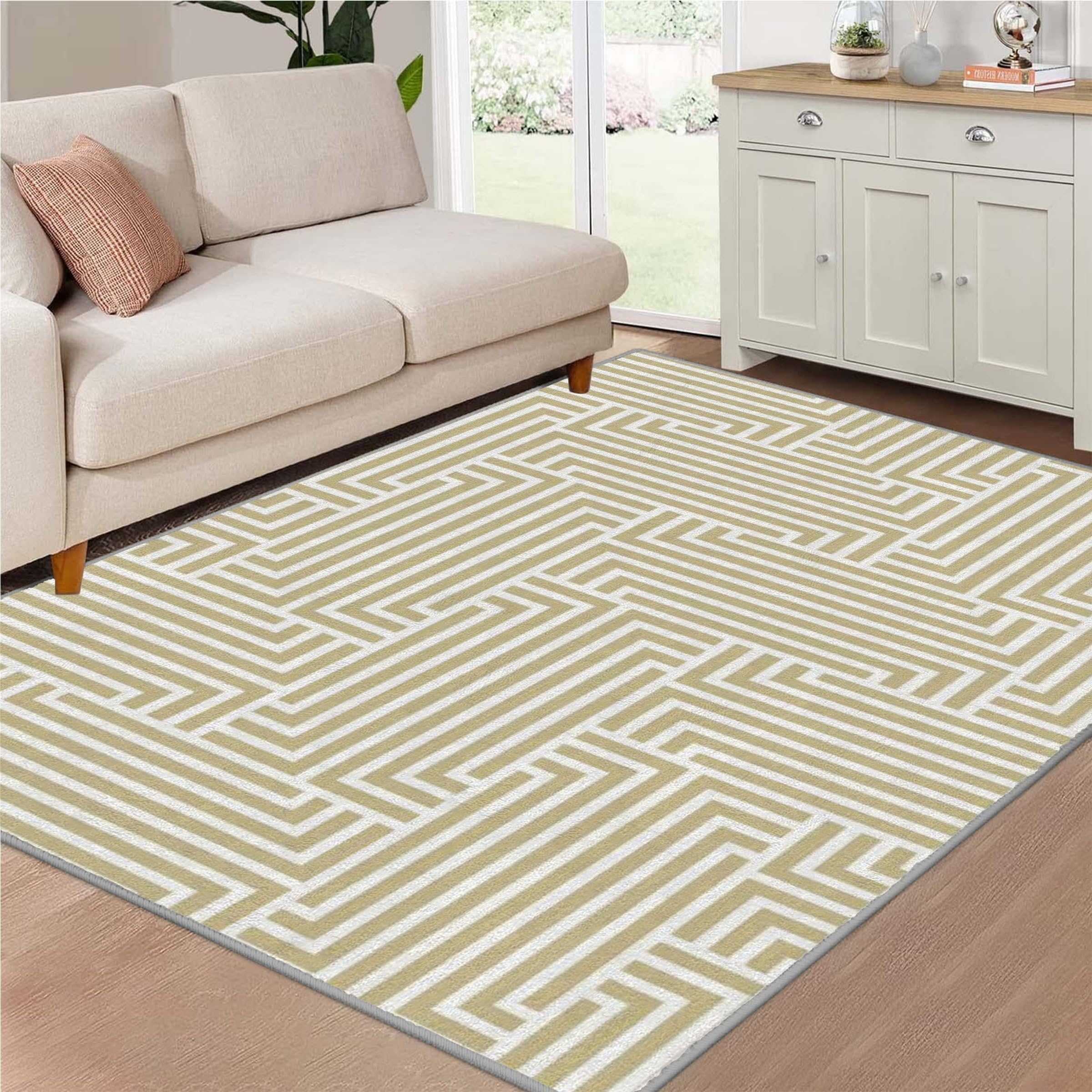Labyrinth Waschbarer Kurzflor Teppich 160x230 cm – Groß & rutschfest, Vintage Teppiche, Ideal für Wohnzimmer & Esszimmer QJ72