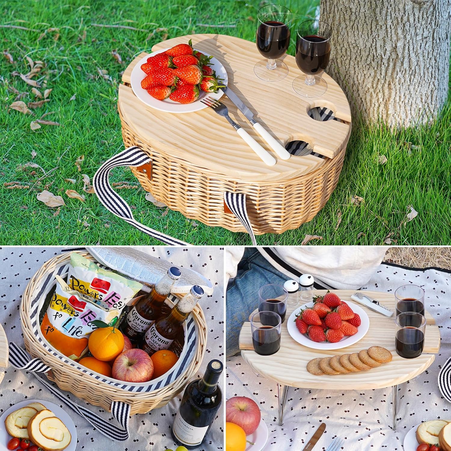 STBoo Picnic Basket for 4, Insulated Wicker Hamper with Folding Table, Willow Picnic Baskets Set with Large Insulated Cooler Bag for Camping Outdoor (Stripe)