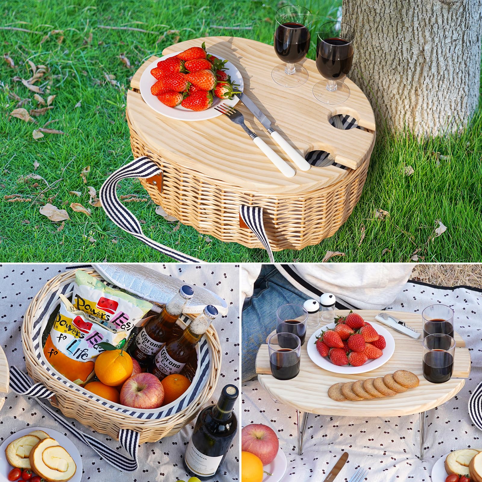 Cestino da picnic per 4 persone, cestino in vimini isolato con tavolo pieghevole, set di cestini da picnic in salice con grande borsa termica per campeggio all'aperto (strisce)