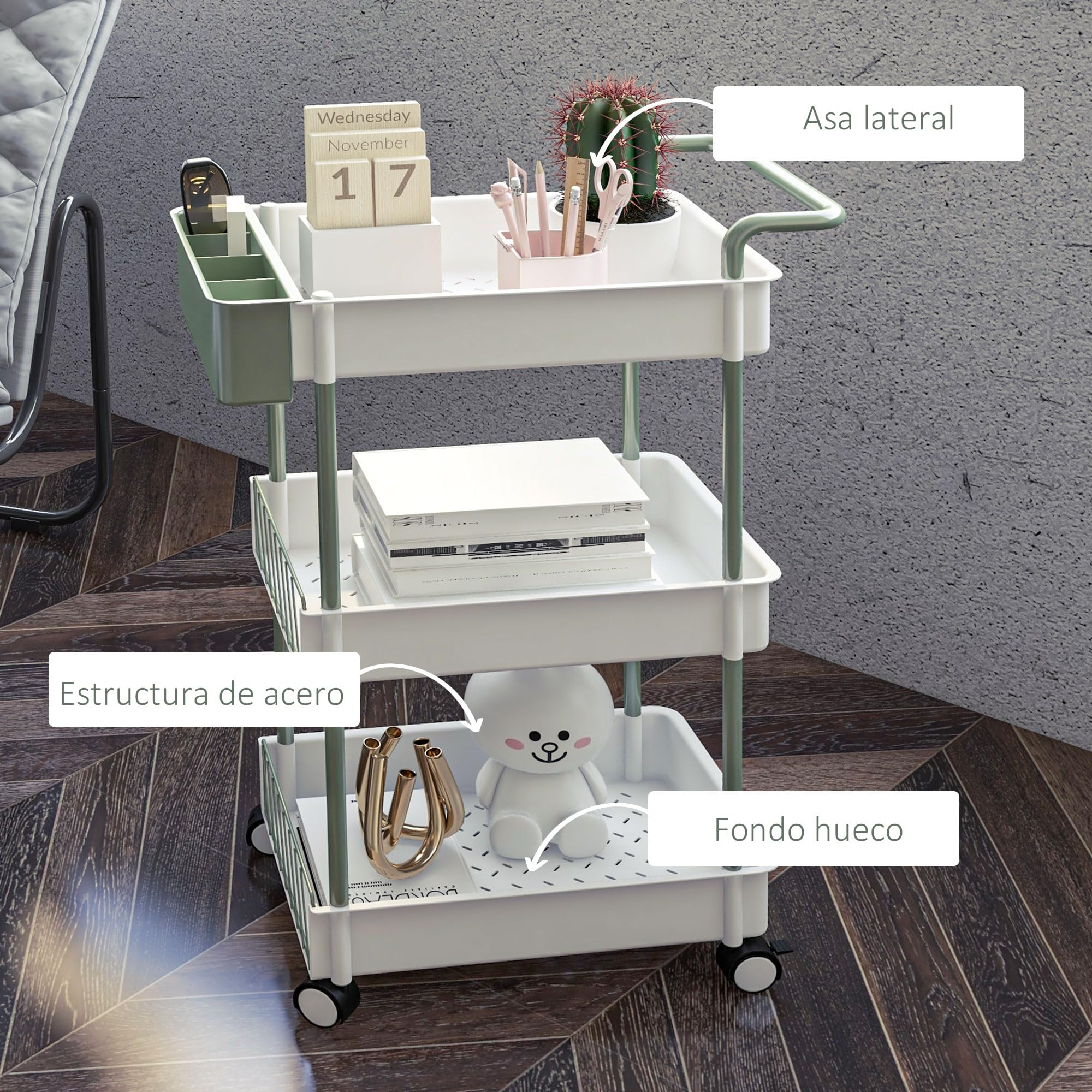 HOMCOM Carrito de Almacenamiento Carro Auxiliar con Ruedas de 3 Niveles Carrito de Cocina con Asa y Caja Extraíble para Baño Oficina Sala Comedor 50x29,4x77 cm Blanco