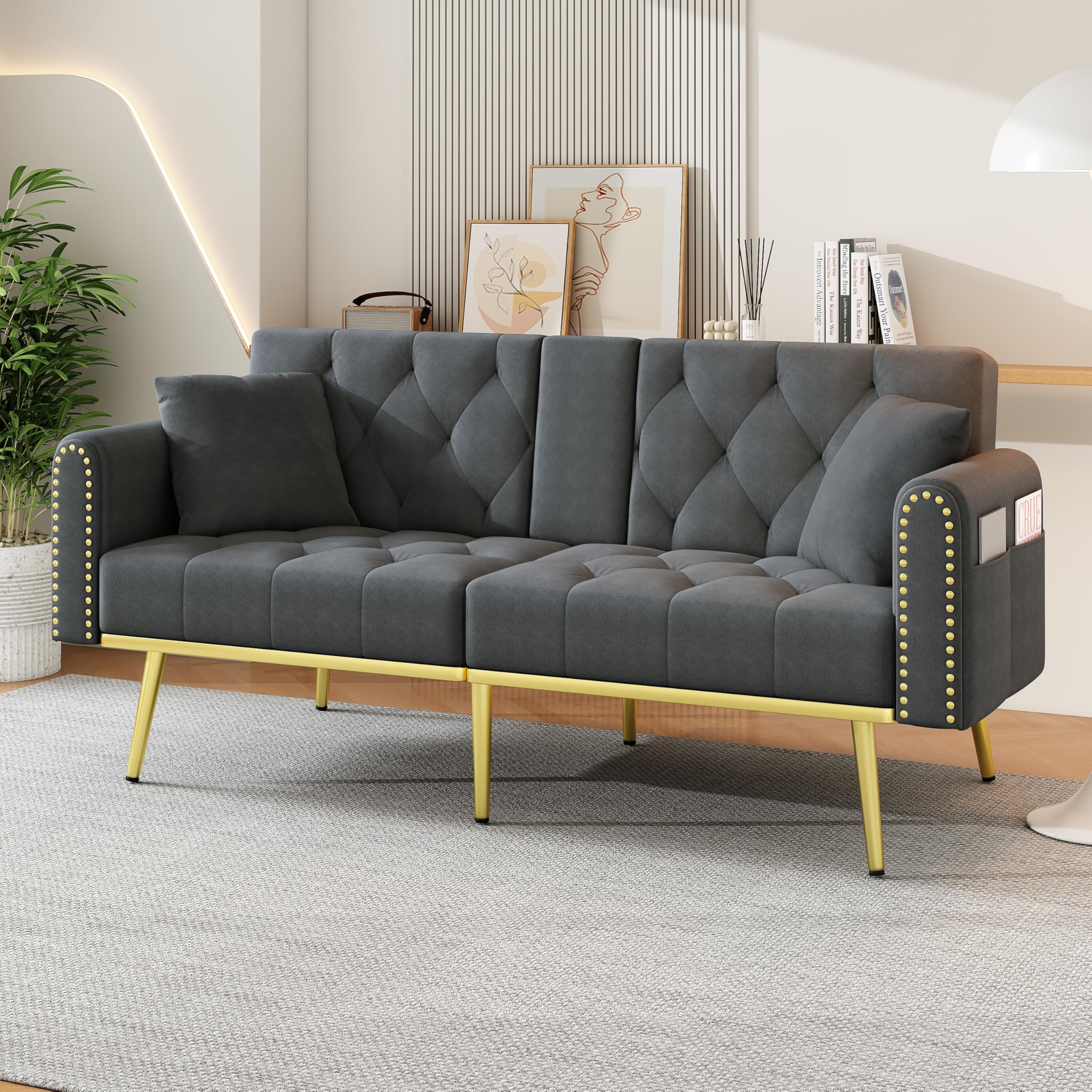 Schlafsofa 2 Sitzer mit Schlaffunktion, Schlafcouch 2-in-1 verstellbare, DREI verstellbare Neigungswinkel und Getränkehalter, Geeignet für Wohnzimmer, Gästezimmer aus Samt, Grau