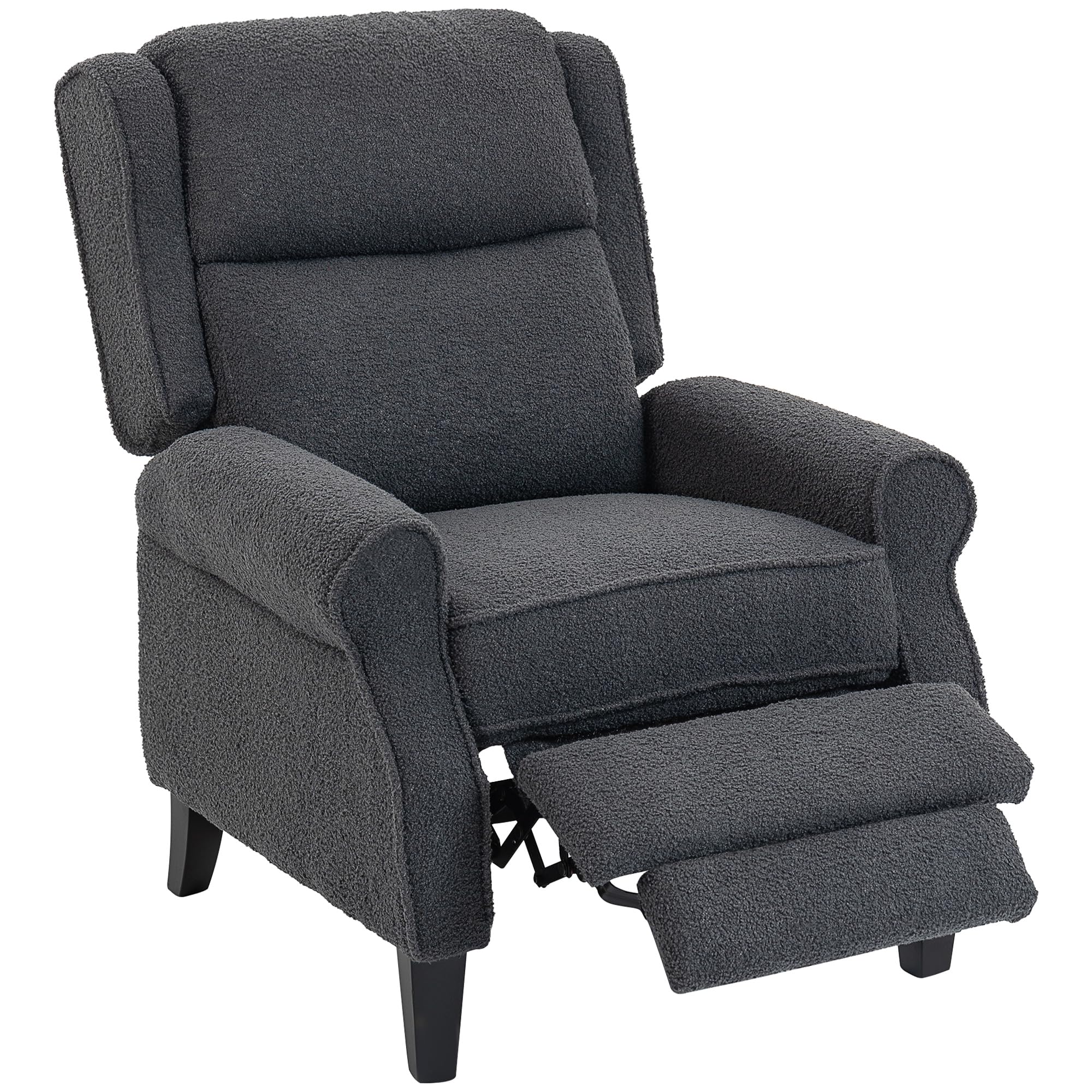 HOMCOM Recliner Armchair, Teddy Fleece Recliner Chair with Extended Leg Rest, Spring Pack, Thick Padded, for Tall People, Push Back Reclining Chair for Home, Living Room, Charcoal Grey