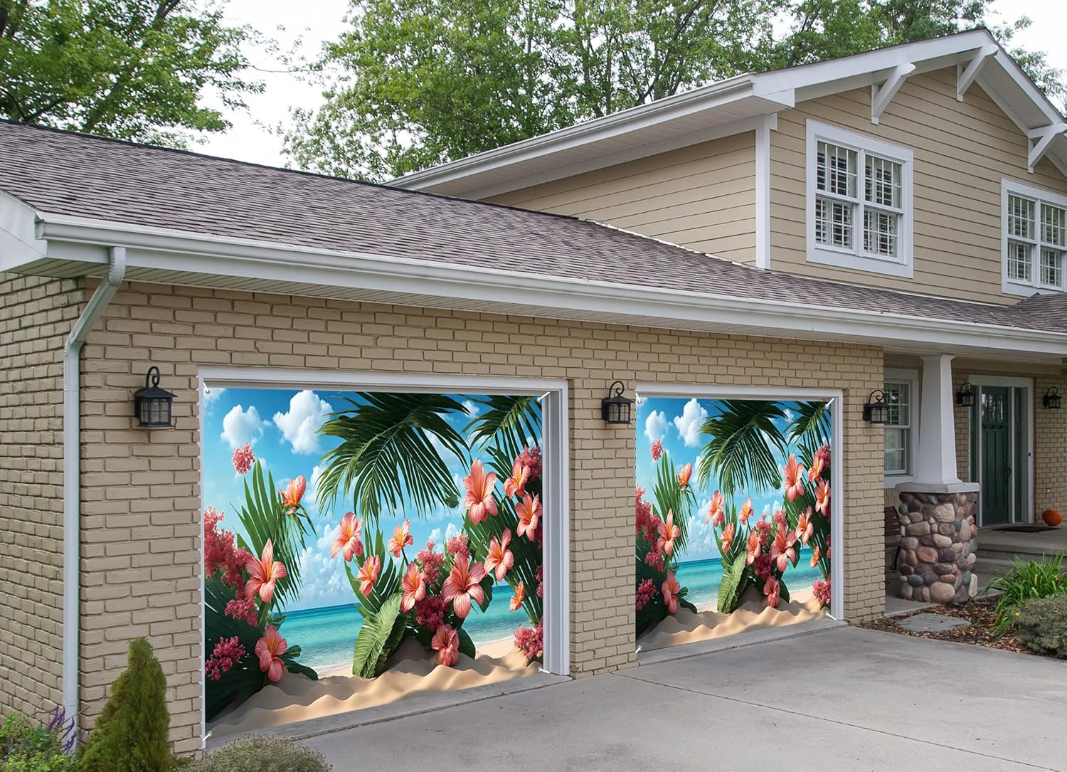 7x8ft Summer Seaside Garage Door Decor Beautiful Pink Flowers Green Palm Tree Leaves Beach Garage Door Backdrop for Holiday Vacations Wedding Ceremony Birthday Party Garage Door Banner