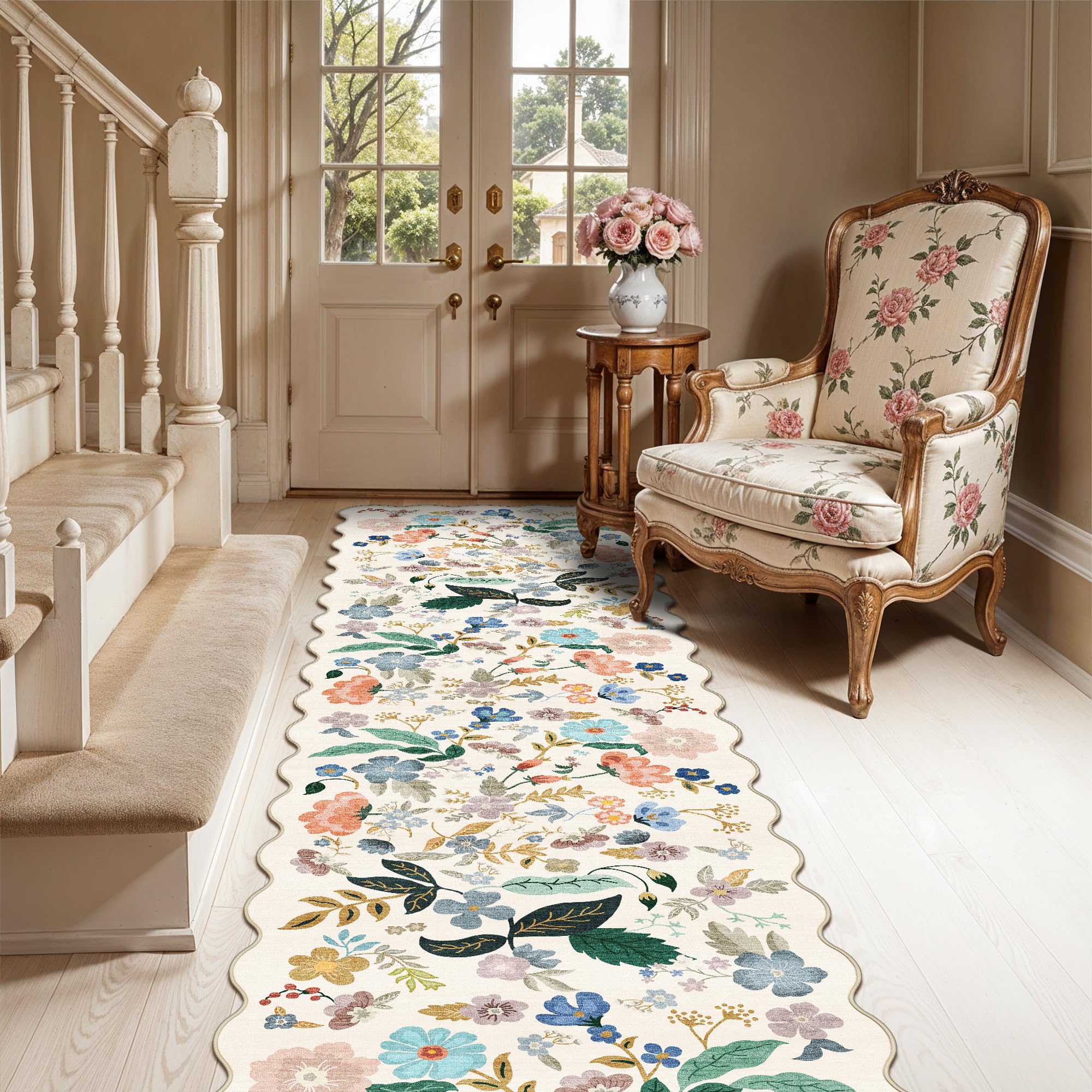 Washable 2x8 Hallway Runner Rug: Vintage Water-Resistant Floral Scalloped Kitchen Entryway Rug Ultra Soft Living Room Bedroom Carpet Non-Slip Indoor Floor Mat for Bathroom Dining Room(2x8,Cream)