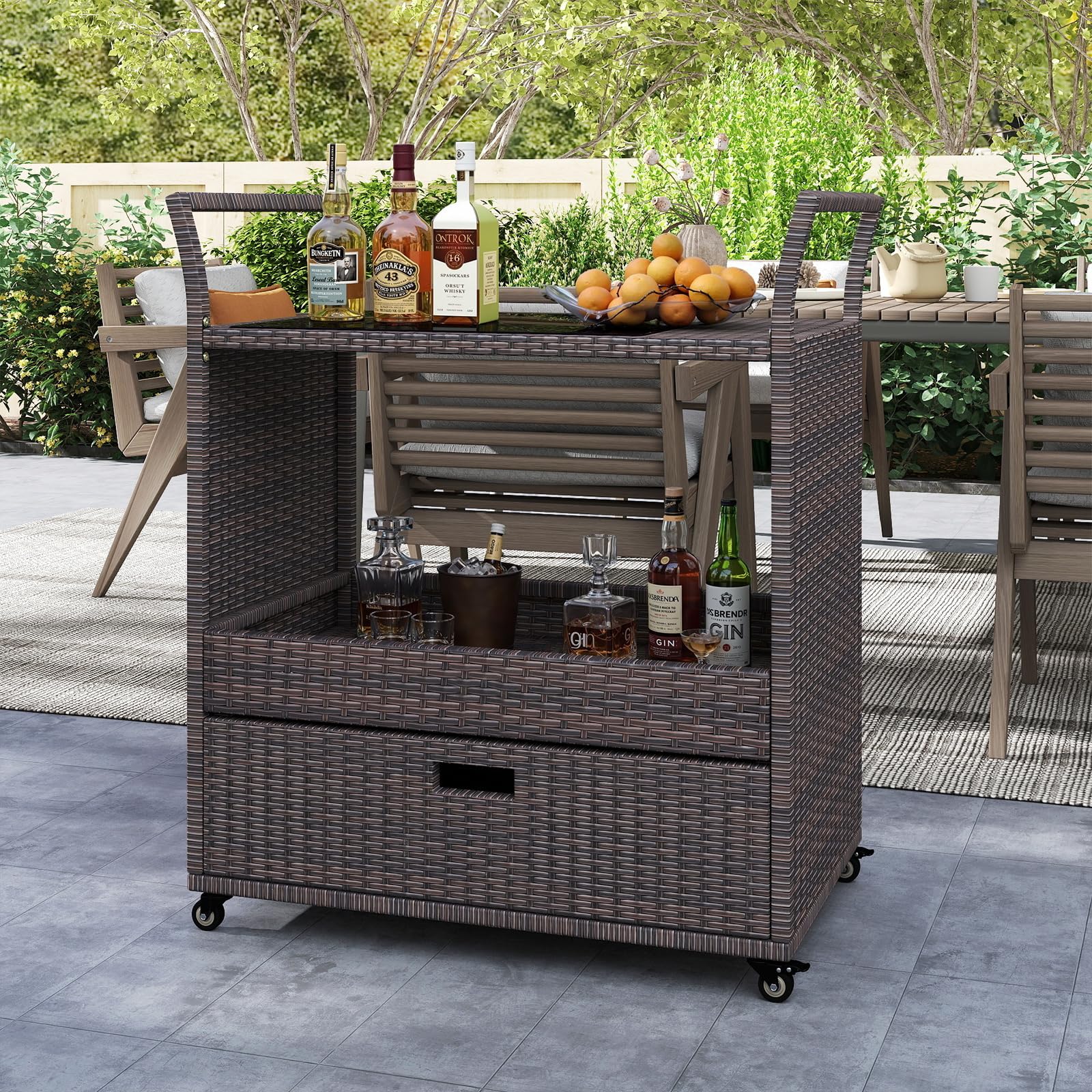 COSTWAY Carrito de Ratán para Exterior, Mesa Auxiliar Rodante con Encimera de Vidrio Templado, Estante Abierto y Cajón Grande, Carro de Servicio de Ratán PE para Patio Porche Jardín Piscina