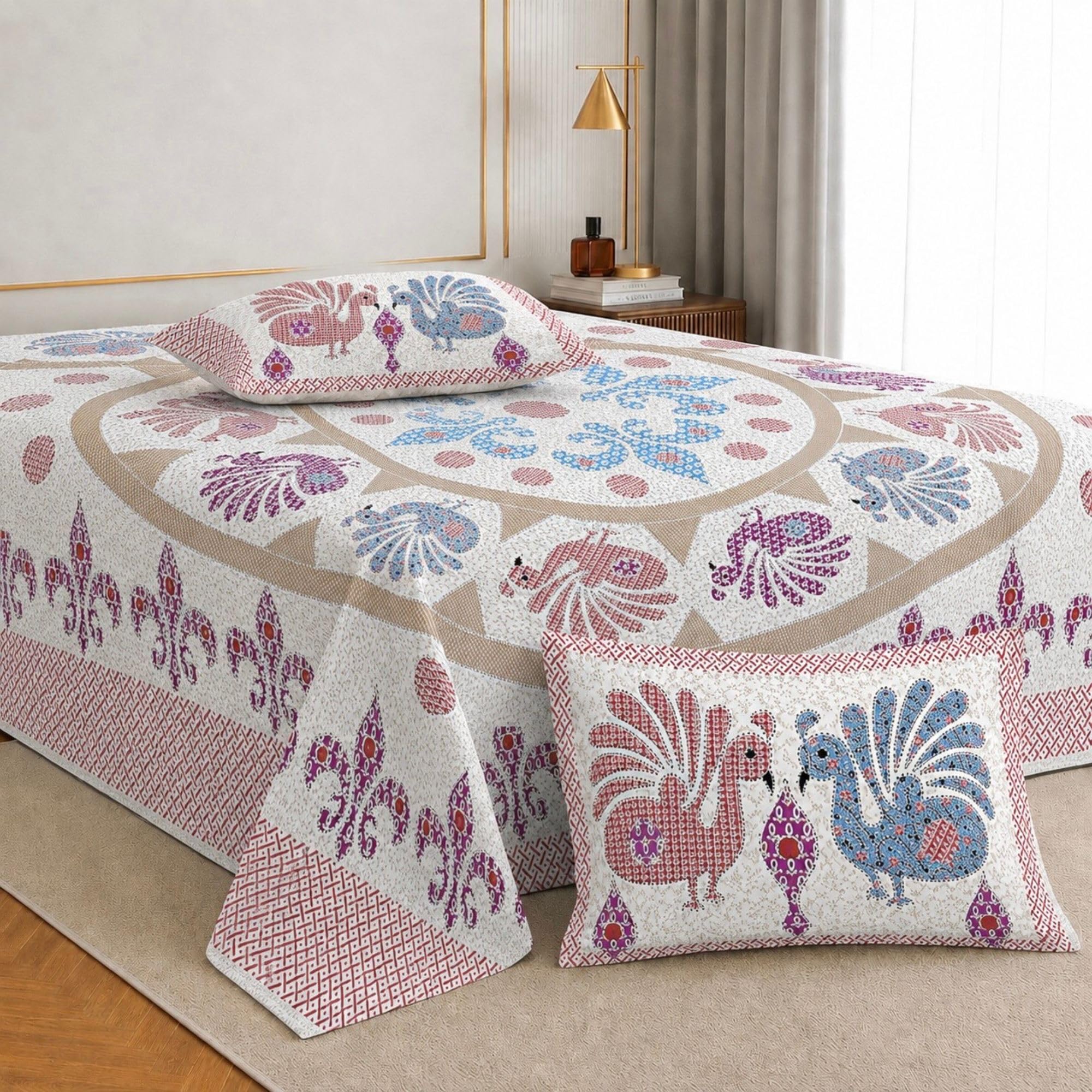 Jaipur Weaves Bedsheet King Size 100% Pure Cotton Bed Sheet with 2 Pillow Covers, Super Soft Cozy Bedsheets Set,108x108 inches/ 9ftx9ft (Mustard Peacock, Super King)-image-40