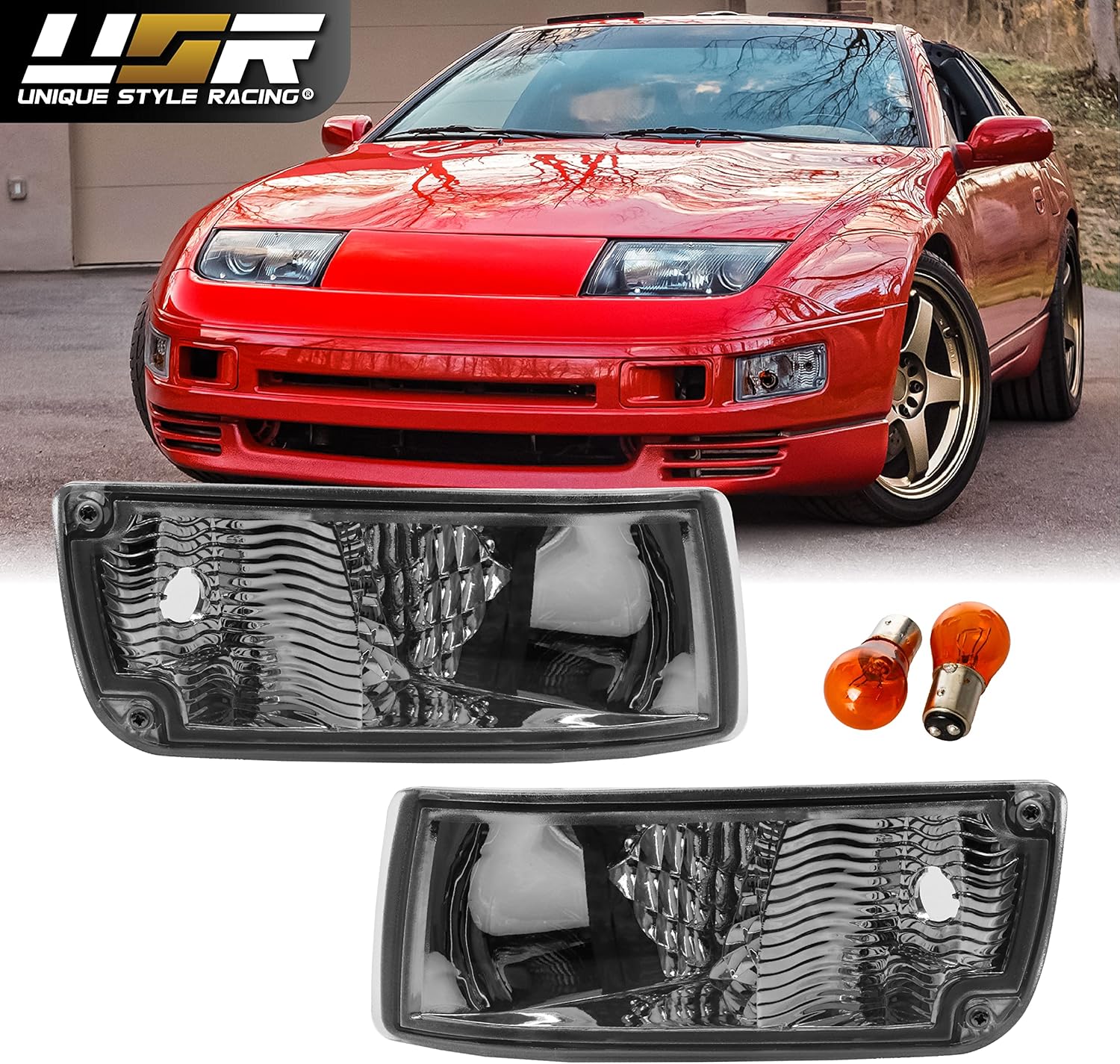 USR DEPO 90-96 300ZX Signal Lights - JDM Style Crystal Light Smoke Lens Front Bumper Turn Signal Lamps Set (Left + Right) Compatible with 1990-1996 Nissan 300ZX Z32 (Smoked with Amber Bulbs)