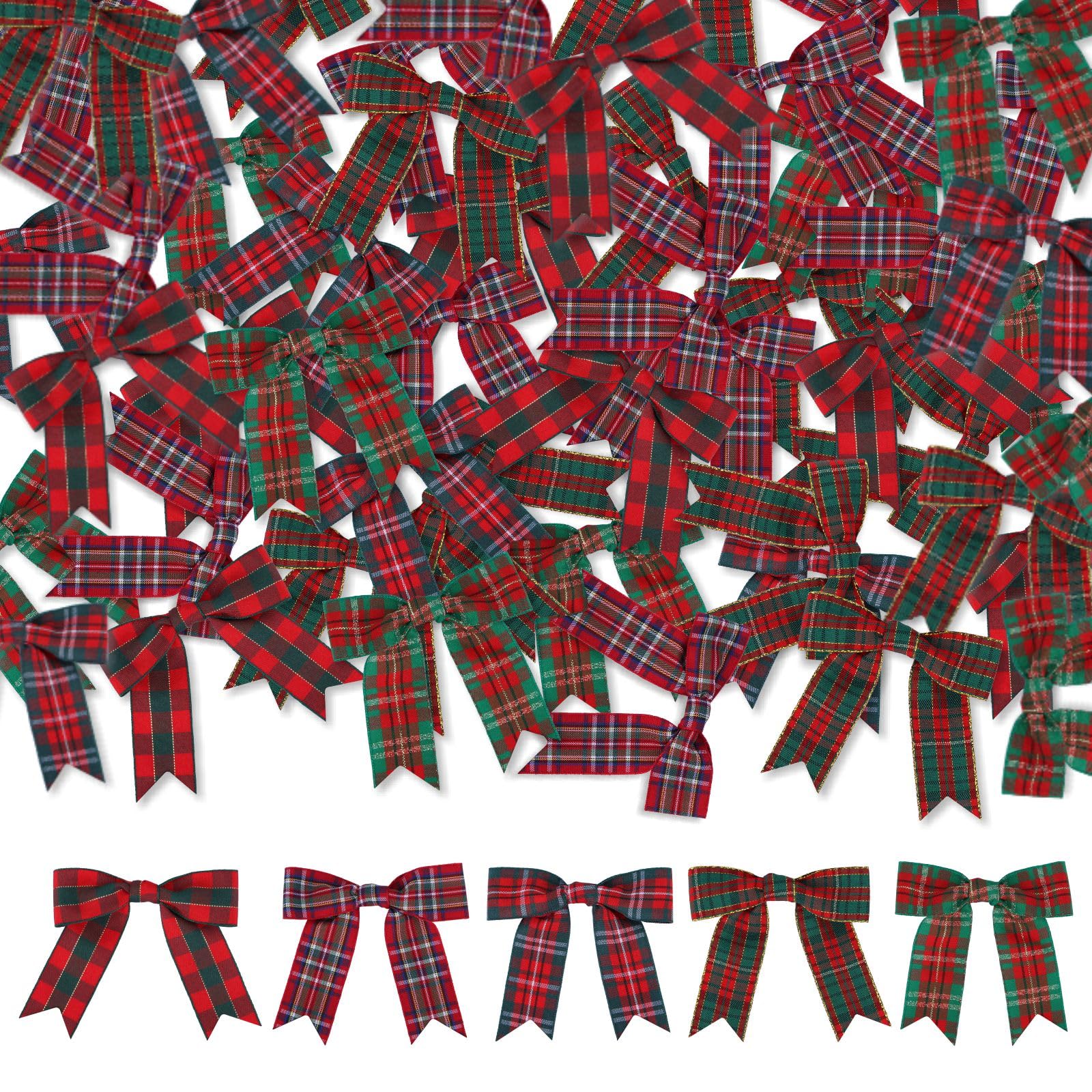 Meseey 50 Pcs Christmas Gingham Ribbon Bows with Twist Tie Red and Green Buffalo Check Premade Bows for Gift Wrapping Basket Wedding Baby Shower