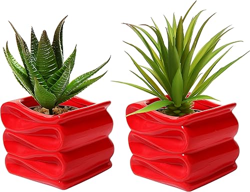 Miniatura 2 de MyGift Maceta pequeña de cerámica roja de 4 pulgadas mini maceteros decorativos modernos con diseño de cinta de caramelo juego de 2