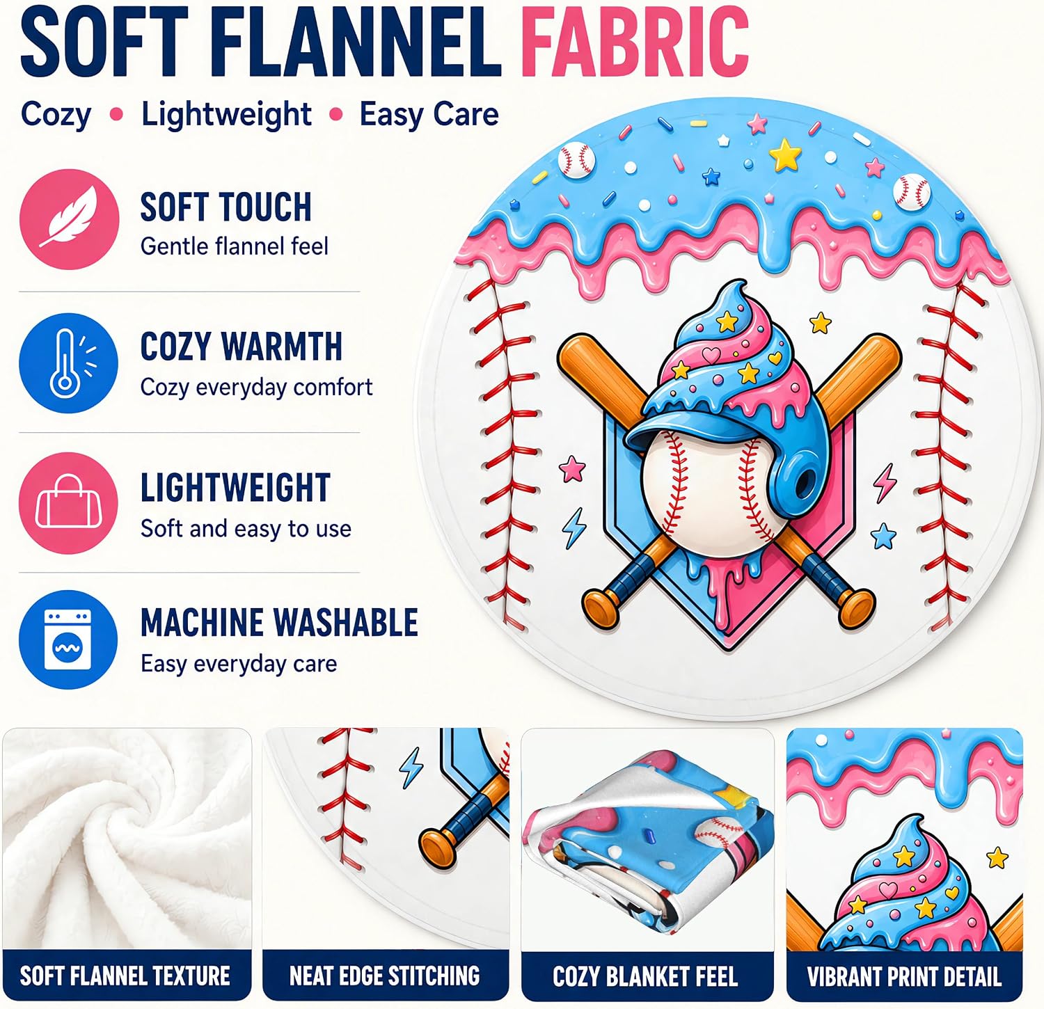 Ice Cream Drip Baseball Round Blanket 60 Inch, Soft Flannel Round Throw Blanket for Kids Teens Boys Girls, Baseball Room Decor Gift for Players Fans image 5